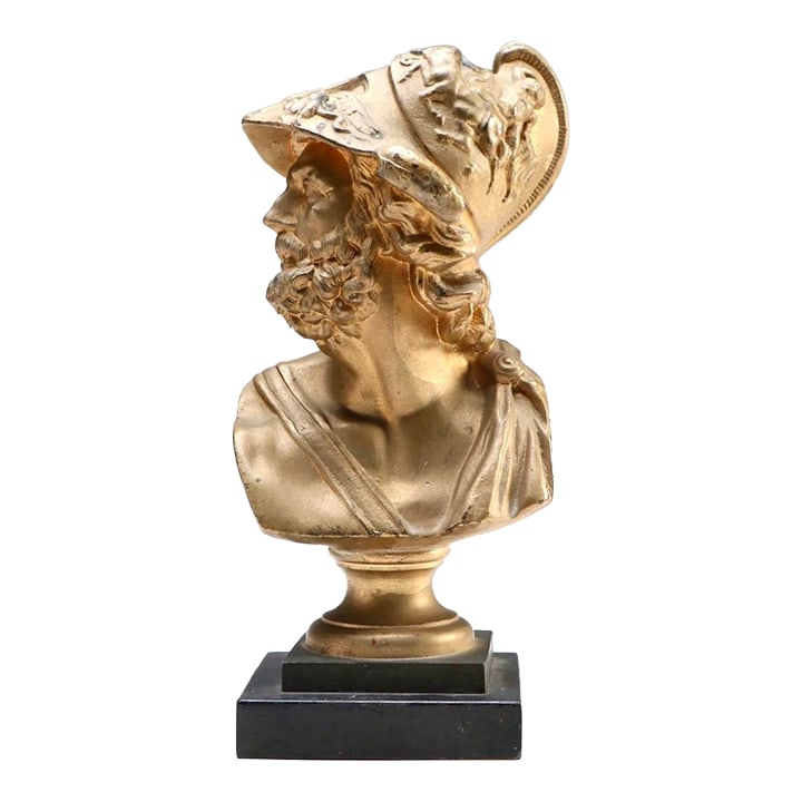 Antique Gilt Bronze Bust of Ajax the Great Greek Soldier: Fine antique c. 19th C. gilt bronze bust of Ajax the Great, Greek mythological hero, and character in Homer's Iliad. Likely from the European grand tour. ..... Condition: Alterations: Original