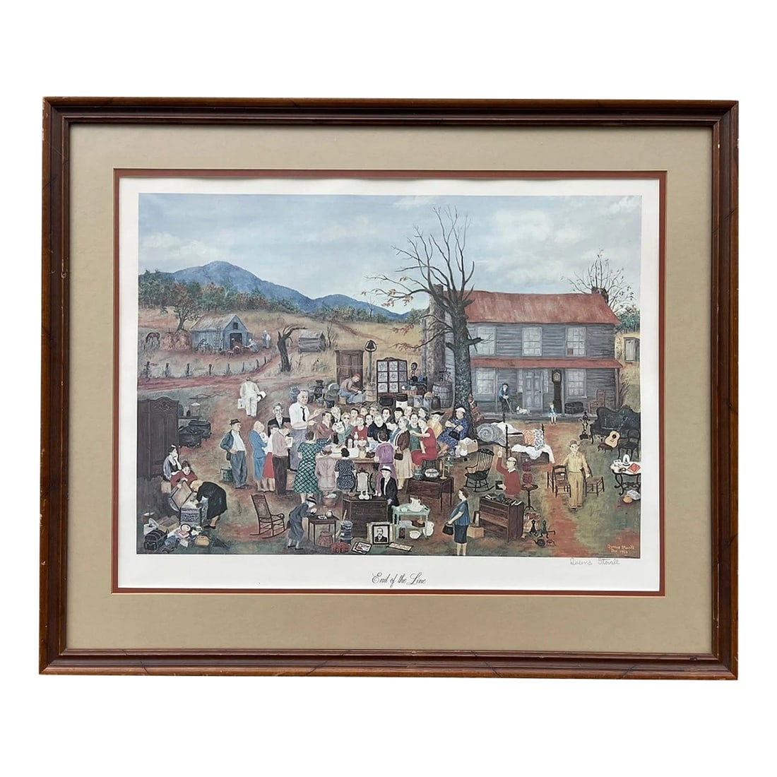Queena Stovall Signed Print "End of the Line" - Folk Art Estate Auction Scene - 251/2'' X 301/2'': Original signed print by Queena Stovall (American, 1887-1980) titled End of the Line. Depicts a lively country estate auction scene with dozens of figures, rendered in her distinctive folk art style.
