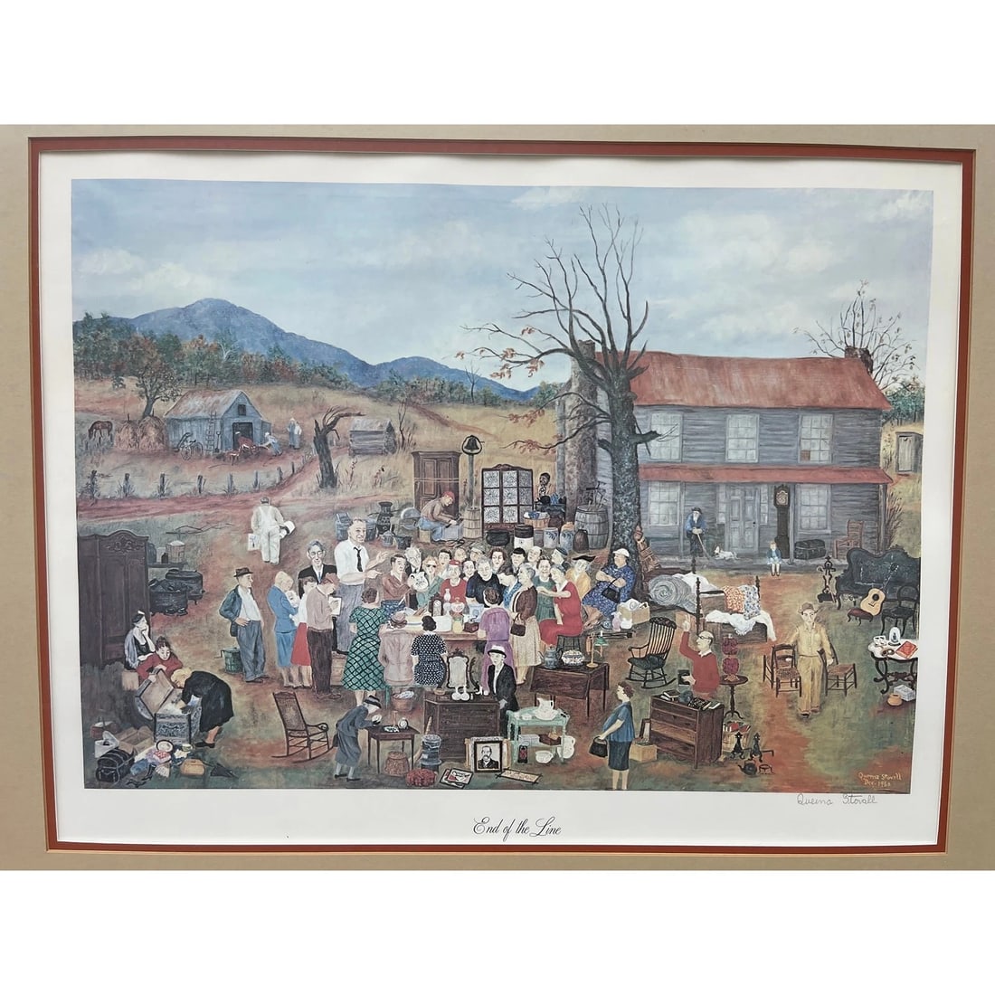 Queena Stovall Signed Print "End of the Line" - Folk Art Estate Auction Scene - 251/2'' X 301/2'' - 5