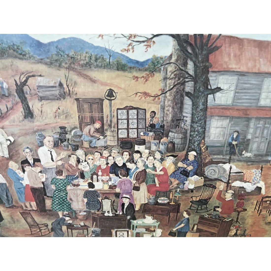 Queena Stovall Signed Print "End of the Line" - Folk Art Estate Auction Scene - 251/2'' X 301/2'' - 6