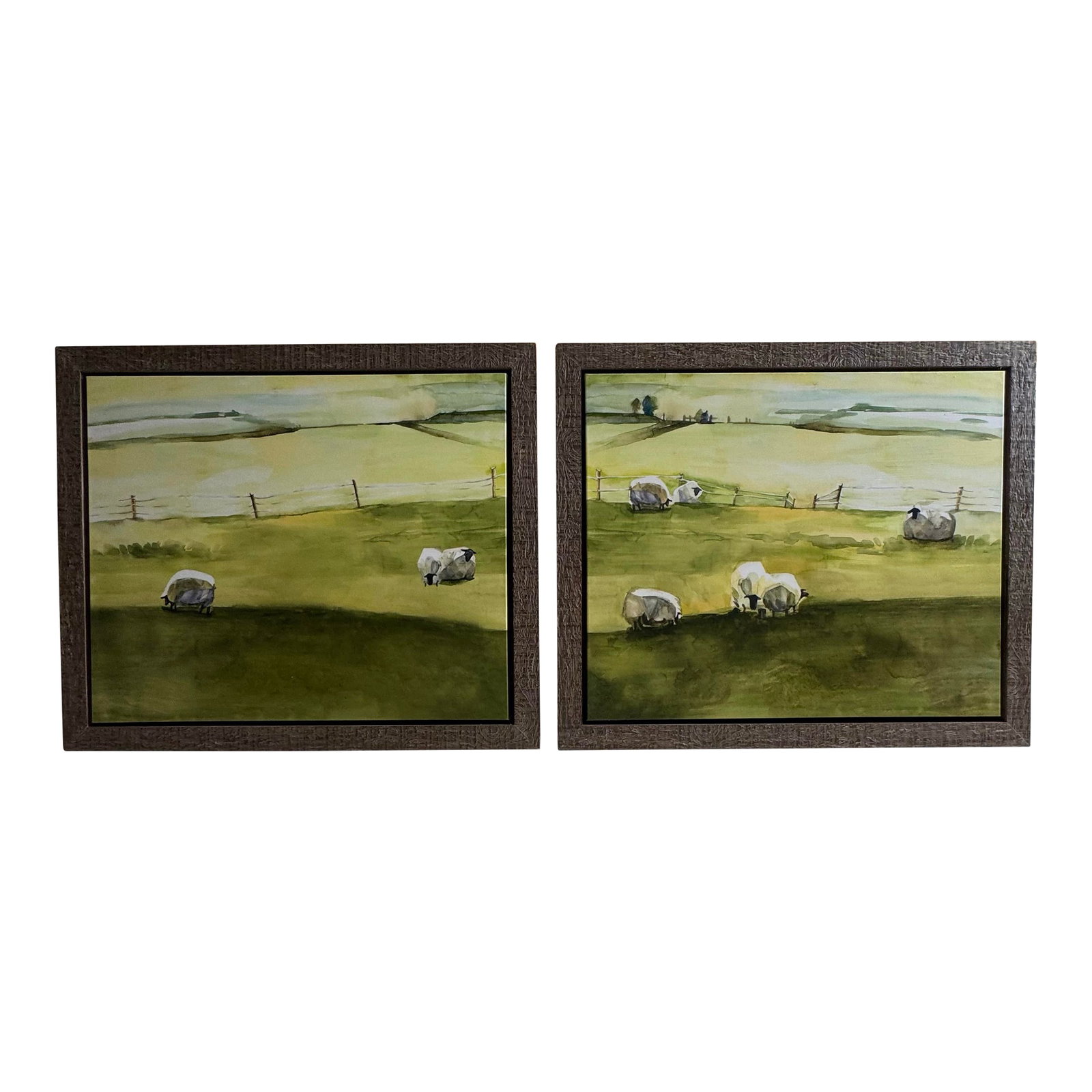 Leftbank Large Pastoral Sheep Landscape Prints Art Framed Pair - Set of 2 Modern Farmhouse Wall Art: A striking large-scale pair of framed pastoral landscape artworks produced by Leftbank Art, a respected trade-only publisher known for supplying artwork to interior designers and high-end residential 