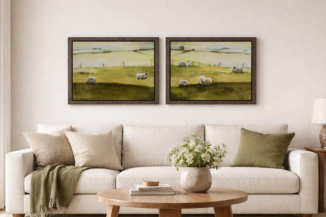 Leftbank Large Pastoral Sheep Landscape Prints Art Framed Pair - Set of 2 Modern Farmhouse Wall Art - 2