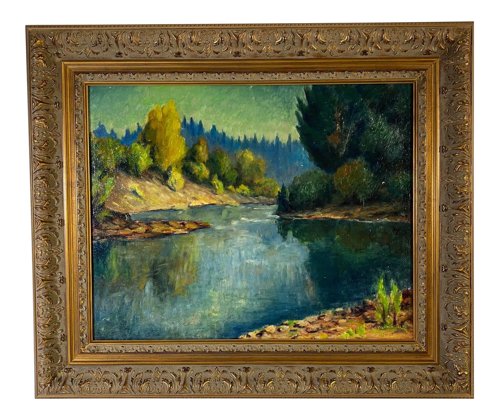 Vintage 1940's Oregon Landscape Painting by John Dominique: Vintage landscape painting by California Impressionist John Dominique (1893-1994). Oil on canvas board. Depicts a beautiful river and mountain scene from southern Oregon where the artist grew up. This
