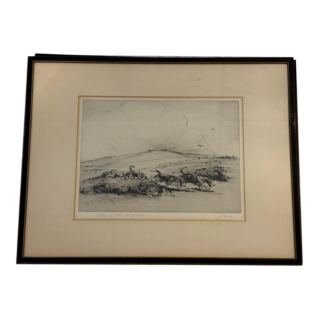 Vintage Etching of Running Hounds - Framed Sporting Art, k.e. Parker (Hunting Through the Heath): A dynamic and atmospheric vintage etching depicting a spirited pack of hounds in full pursuit across rugged terrain. The piece captures the energy and motion of traditional English hunt scenes with ex