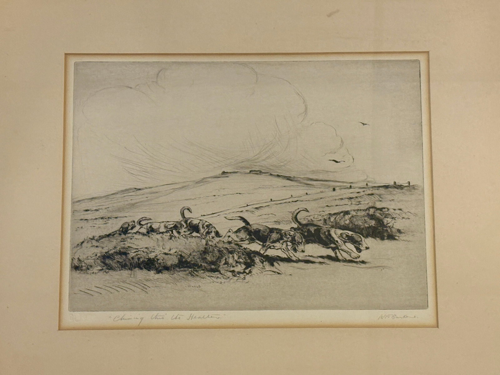 Vintage Etching of Running Hounds - Framed Sporting Art, k.e. Parker (Hunting Through the Heath) - 2