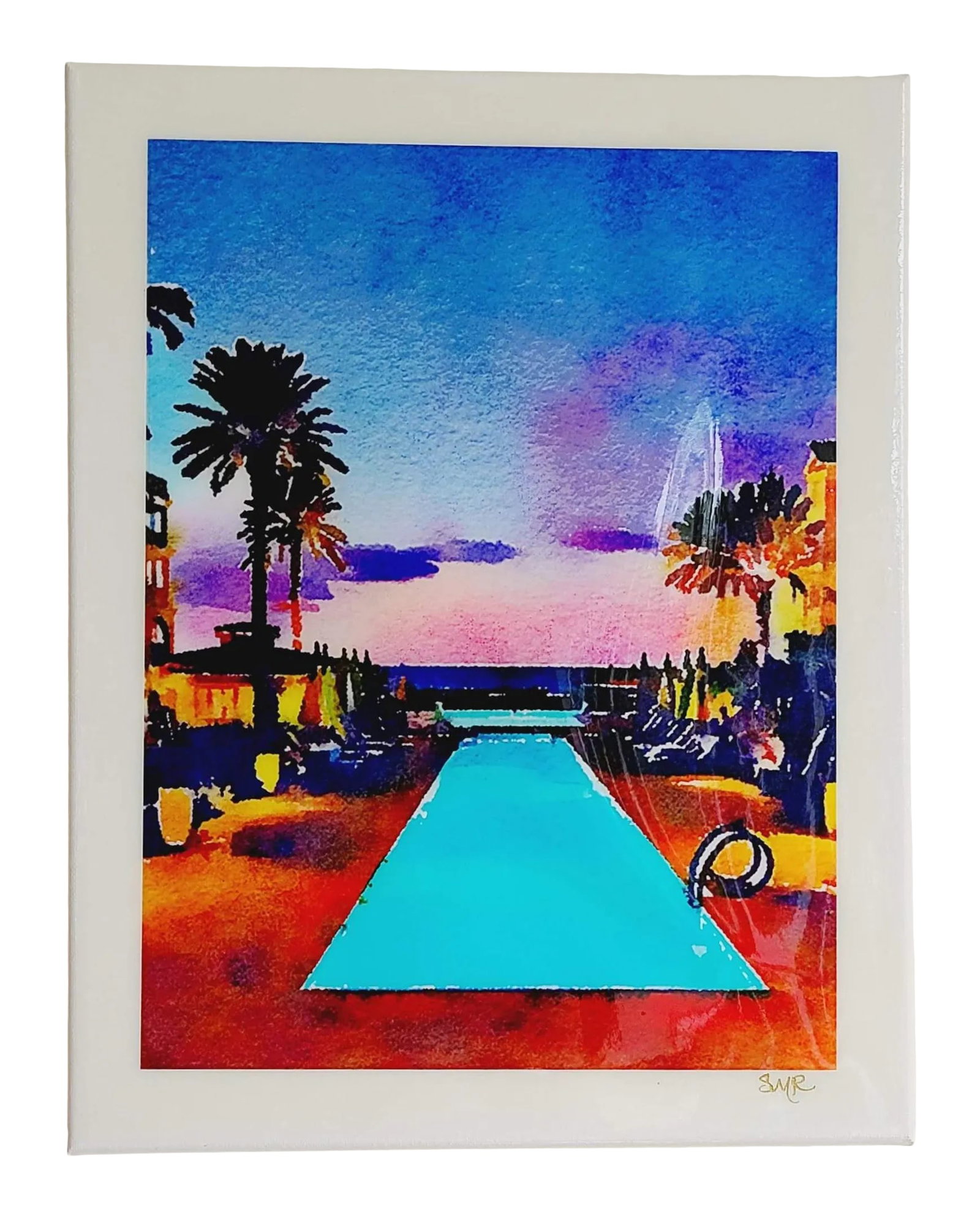 Tropical Island Sunset - Contemporary Swimming Pool Art Digital Watercolor Print by Suzanne MacCrone: Each art piece in this collection of "Cool Pools & Palms" is an original photograph which has been manipulated digitally to resemble a watercolor painting. Many of the photos were taken while on