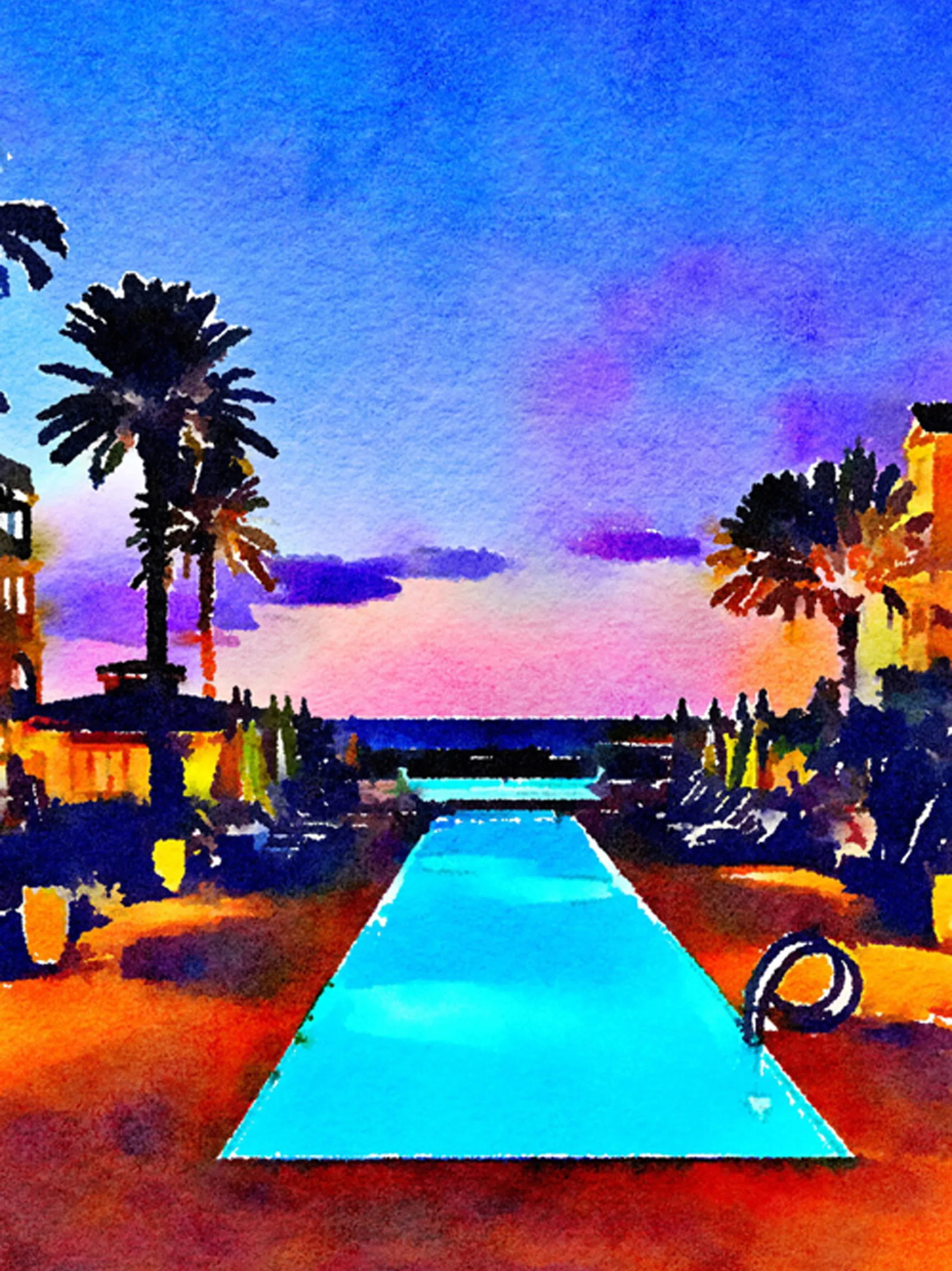 Tropical Island Sunset - Contemporary Swimming Pool Art Digital Watercolor Print by Suzanne MacCrone - 5