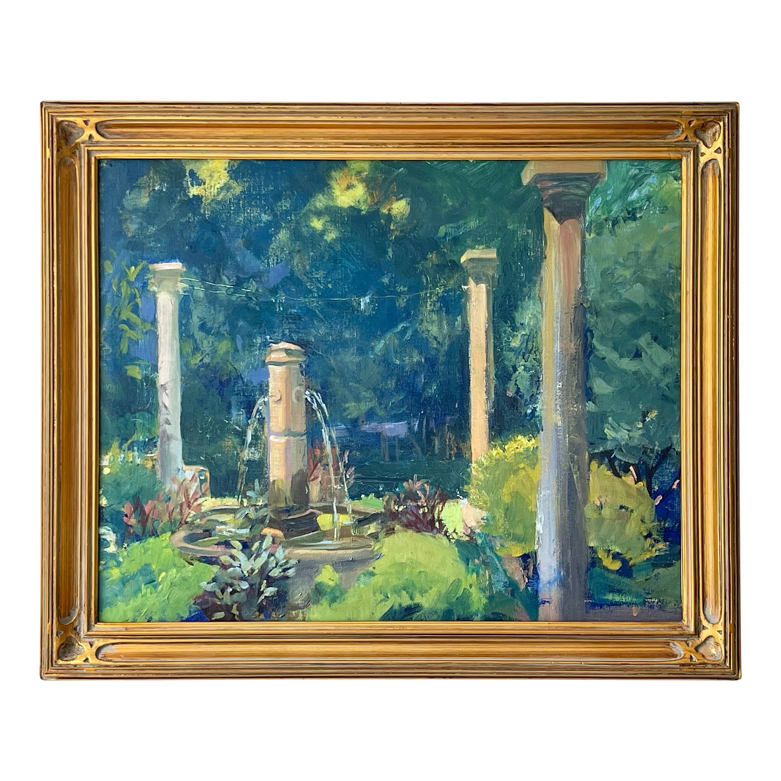 Late 20th Century Modern Impressionist Oil Painting of a Garden in Greens, Framed: Loose, abstract brushwork gives this oil on board a feeling of wild, encroaching nature, ready to fell columns in a once neat and formal garden. Acid greens contrast with lavender-gray stonework, and 