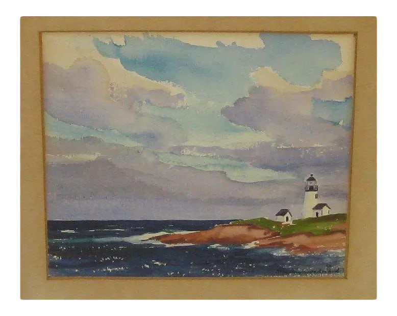 1932 Lighthouse Painting by Stanley Wingate Woodward: Wonderful early watercolor on paper measuring 6 3/4 x 7 3/4 inches. Signed and dated lower right. Painting shows no signs of having been in any direct sunlight. Very vibrant. There does show to be a