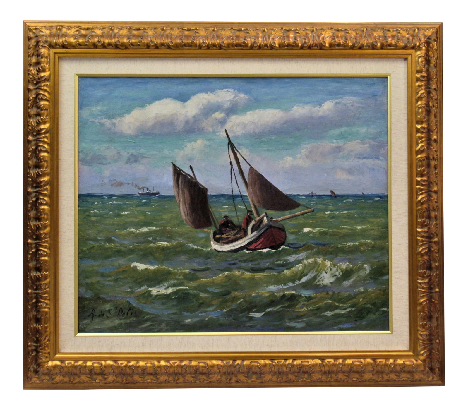Rene Lienard De Saint Delis, Pecheurs en Mer (Fishermen at Sea), c1920: This artwork "Pecheurs en Mer (Fishermen at Sea) c.1920 is an oil painting on canvas by noted French artist Rene Lienard De Saint Delis, 1877-1958. It is signed at the lower left corner by the