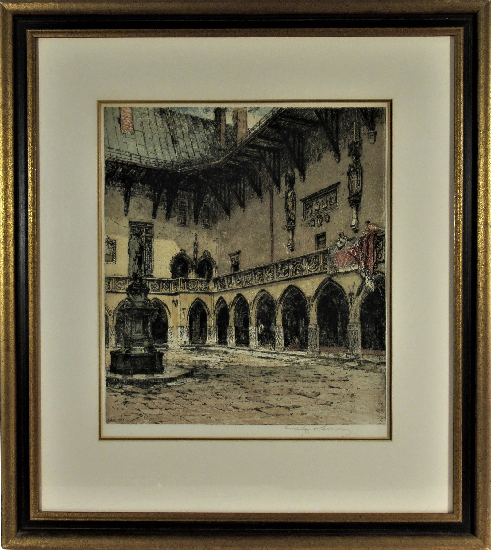 Luigi Kasimir, Jagellonian Library, Krakau, Poland, 1941: This artwork titled " Jagellonian Library, Krakau, Poland" 1941 is an original color etching by Austrian artist Luigi Kasimir 1881-1962. It is hand signed in pencil at the lower right corner. The plat