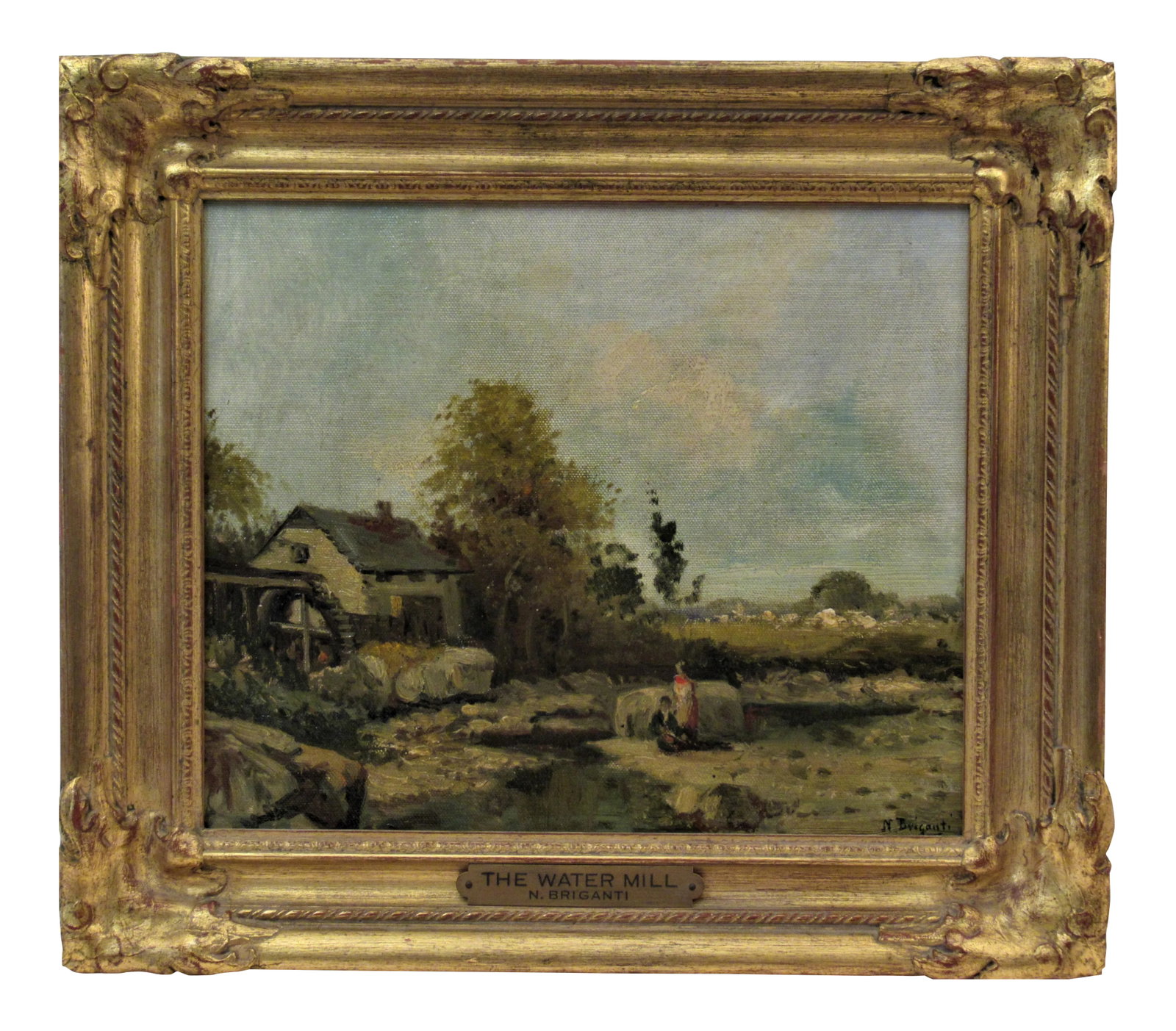 Nicholas Briganti, The Water Mill, Circa 1900: This artwork titled "The Water Mill" c.1900 is a oil painting on canvas board by noted Italian/American artist Nicholas Briganti, 1861-1944. It is signed at the lower right corner by the artist. The c