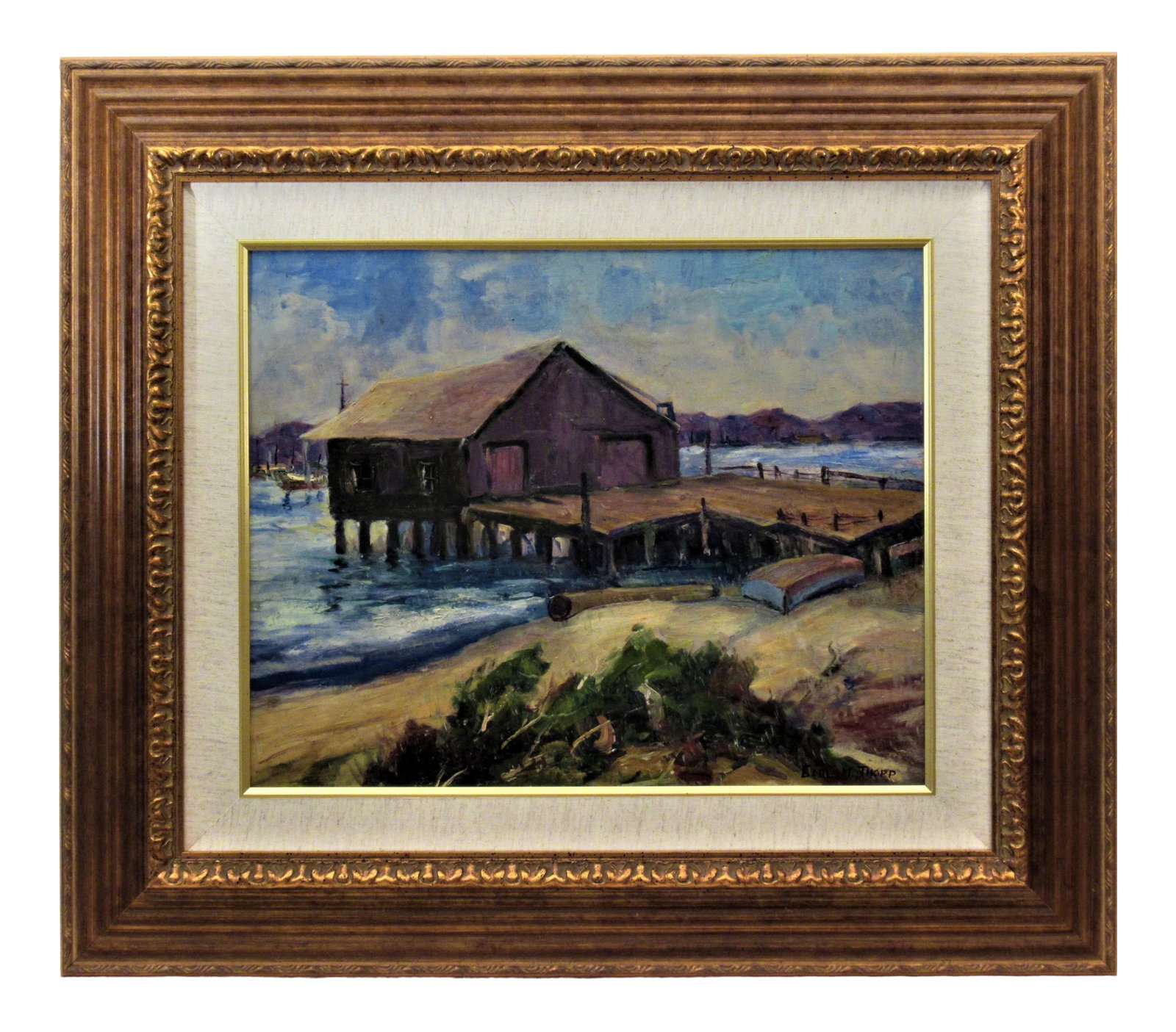 Carl Thorp, Sausalito, California, Circa 1940: This artwork Titled "Sausalito, CA" c.1940 is an oil painting on cardboard panel by noted California artist Carl M. Thorp, 1912-1989. It is signed at the lower right corner by the artist. The panel