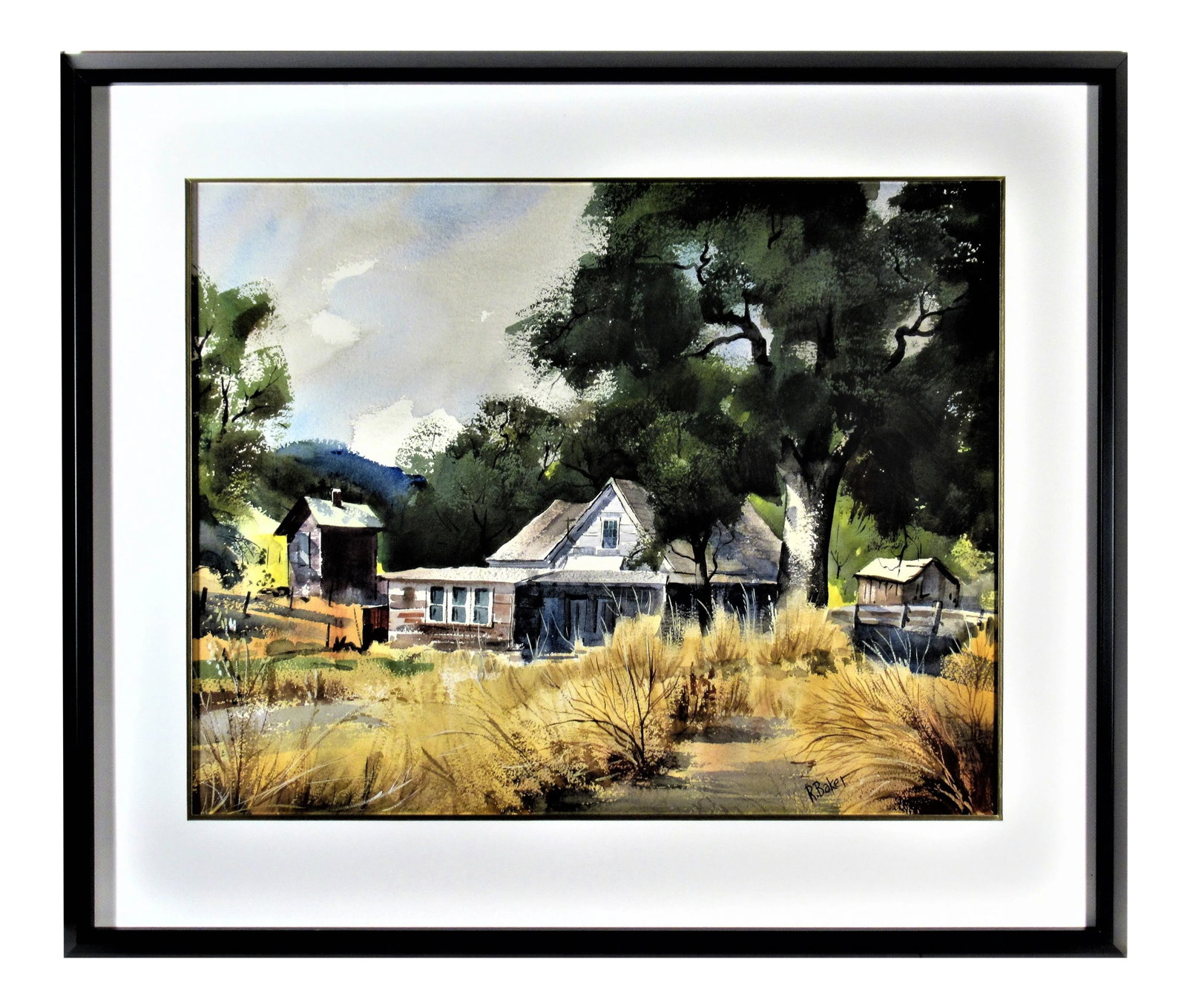 Ralph Baker, California Landscape with Farm, Circa 1950: This artwork :California Landscape with Farm" c.1950 is a watercolor by noted California artist Ralph Baker, 1908-1976. It is signed at the lower right corner by the artist. The artwork size is 22 x