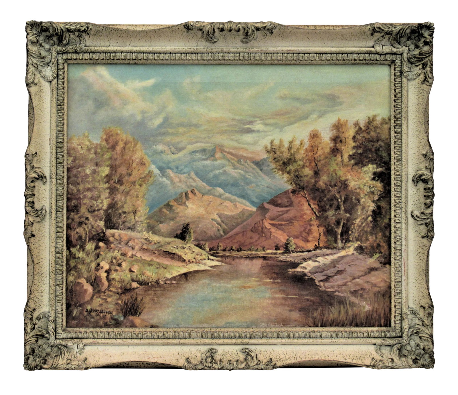 Bernhard Kretzschmar, Landscape, 1961: This artwork "Landscape" is an oil painting on canvas by noted German artist Bernhard Kretzschmar 1889-1972. It is signed and dated at the lower left corner. The canvas size is 17.25 x 21 inches, fram