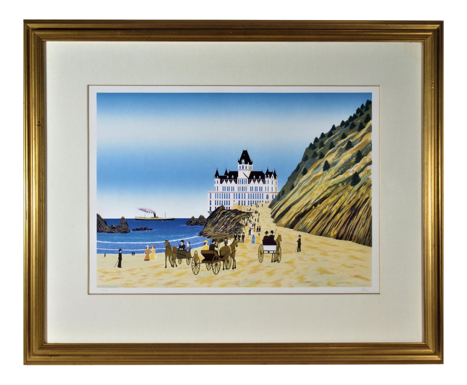 Fanch (Francois Ledan), Cliff House, San Francisco, Circa 1980: This artwork titled "Cliff House, San Francisco" c.1980 is a original colors lithograph on paper by French artist (Fanch, Francois Ledan, born 1949) it is hand signed and numbered 135/275 in pencil by