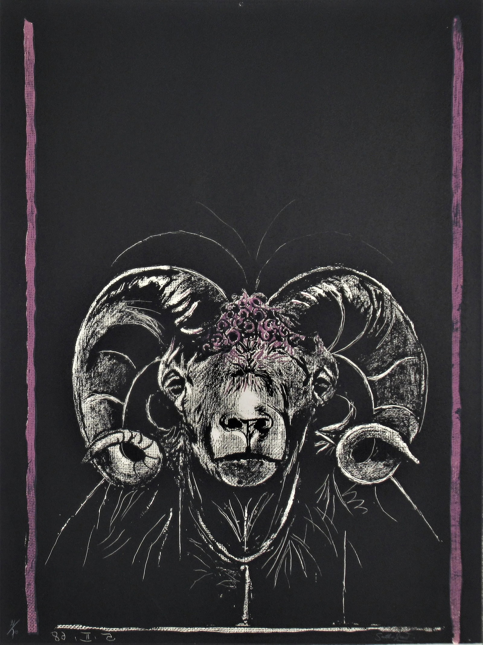 Graham Sutherland, "Ram's Head, Full Face" from the suite "Bestiary and some Correspondences", 1968: This artwork titled "Ram's Head, Full Face" from the suite "Bestiary and some Correspondences" 1968 is an original color lithograph on Arches paper by renown British artist Graham Vivian Sutherland, 1