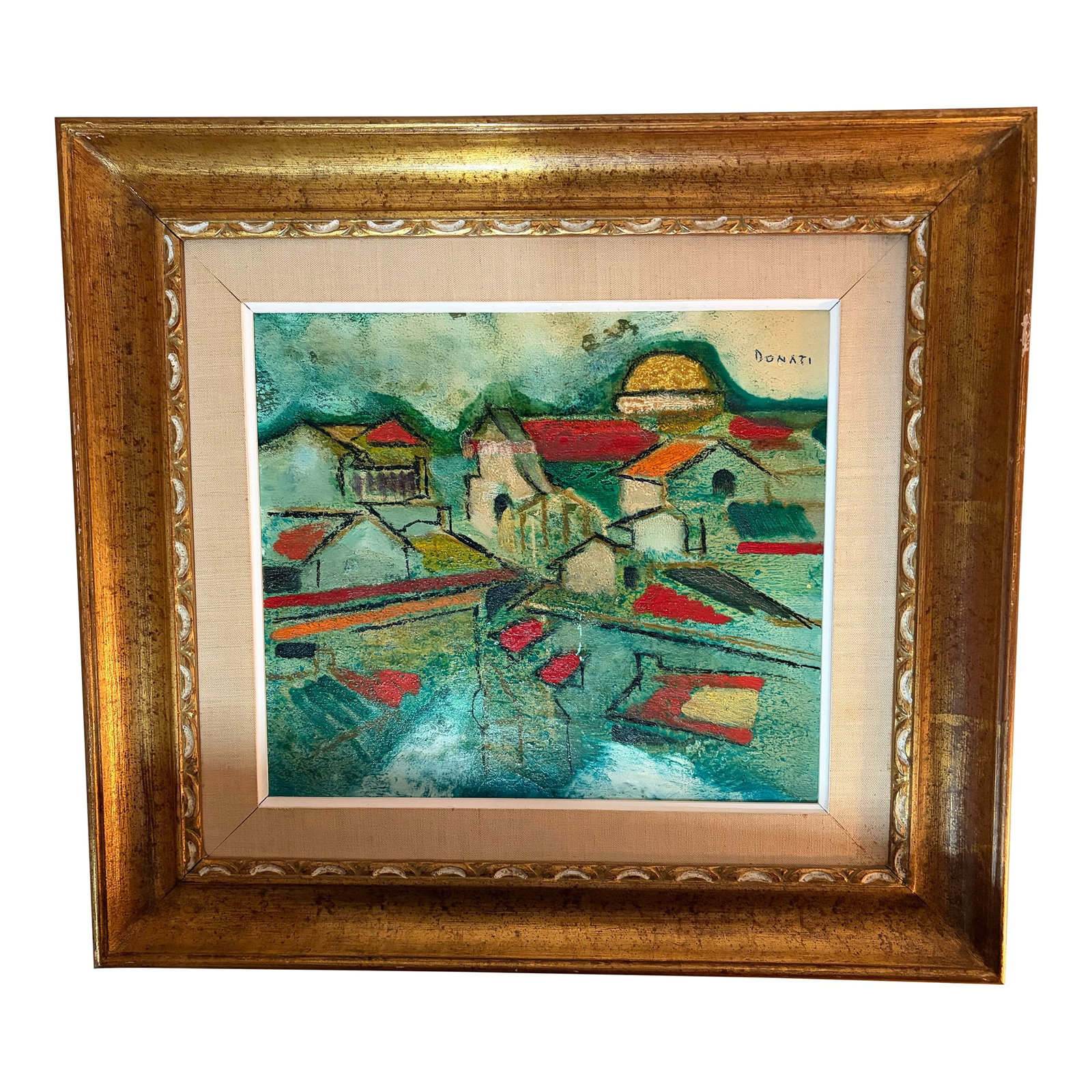 Vintage Lazzaro Donati Oil on Board Painting: The painting depicts a cityscape in Florence , showing the Basilica de Santo Spirito . Its oil on board measures 15.5 in x13.5in without frame. With frame 25x 22.5 x 2.0 Painted 1968 Condition: