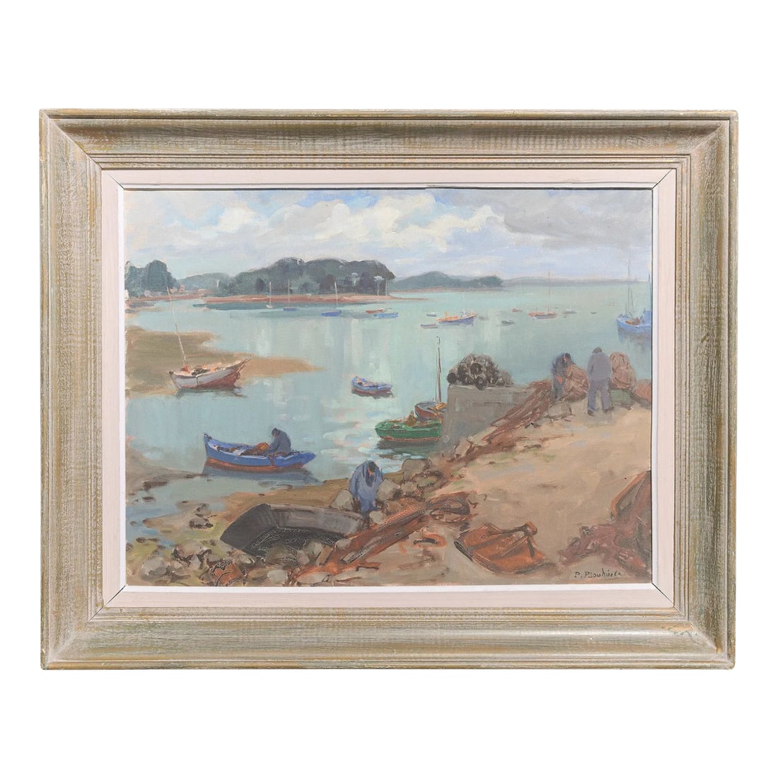 Framed Coastal Acrylic Painting With Boats, Late 20th Century: A really lovely coastal scene that feels calm, painterly, and lived-in not overly polished or theme-y. The boats sit quietly in the harbor, the palette is soft and atmospheric, and the brushwork has