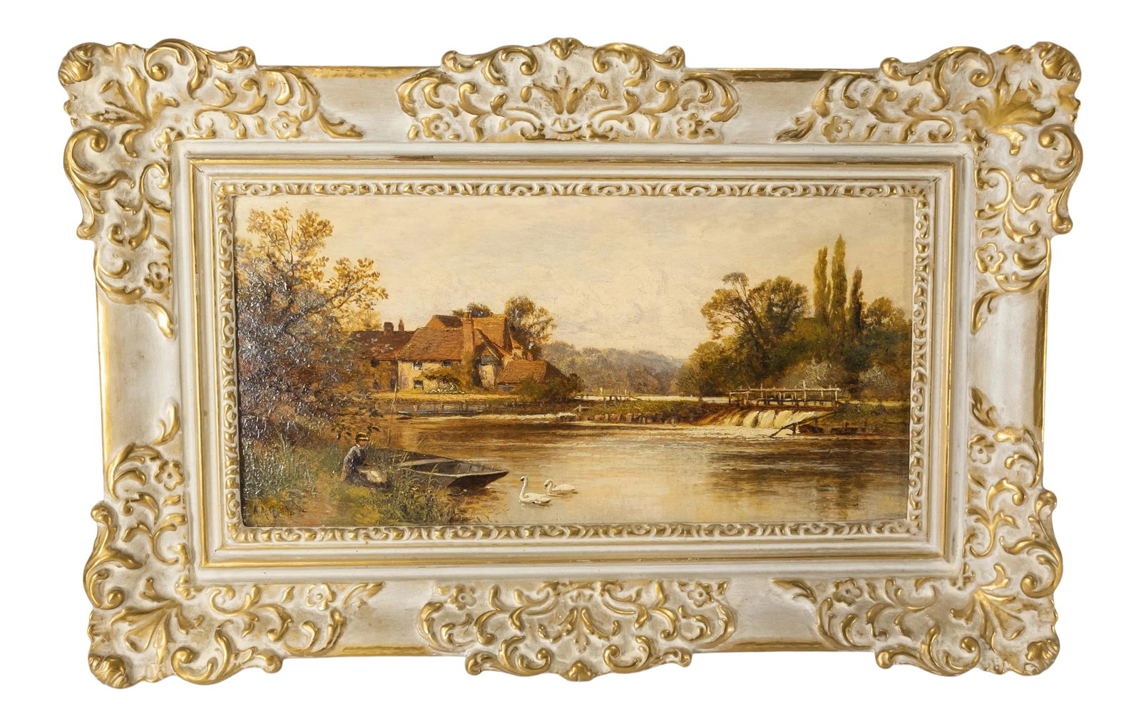 English Country Oil Painting on Canvas a.a. Glendening Sr: We are selling this charming English landscape painting. This lovely painting features a young woman in the foreground probably feeding two swans with a dam and house in the background. The painting