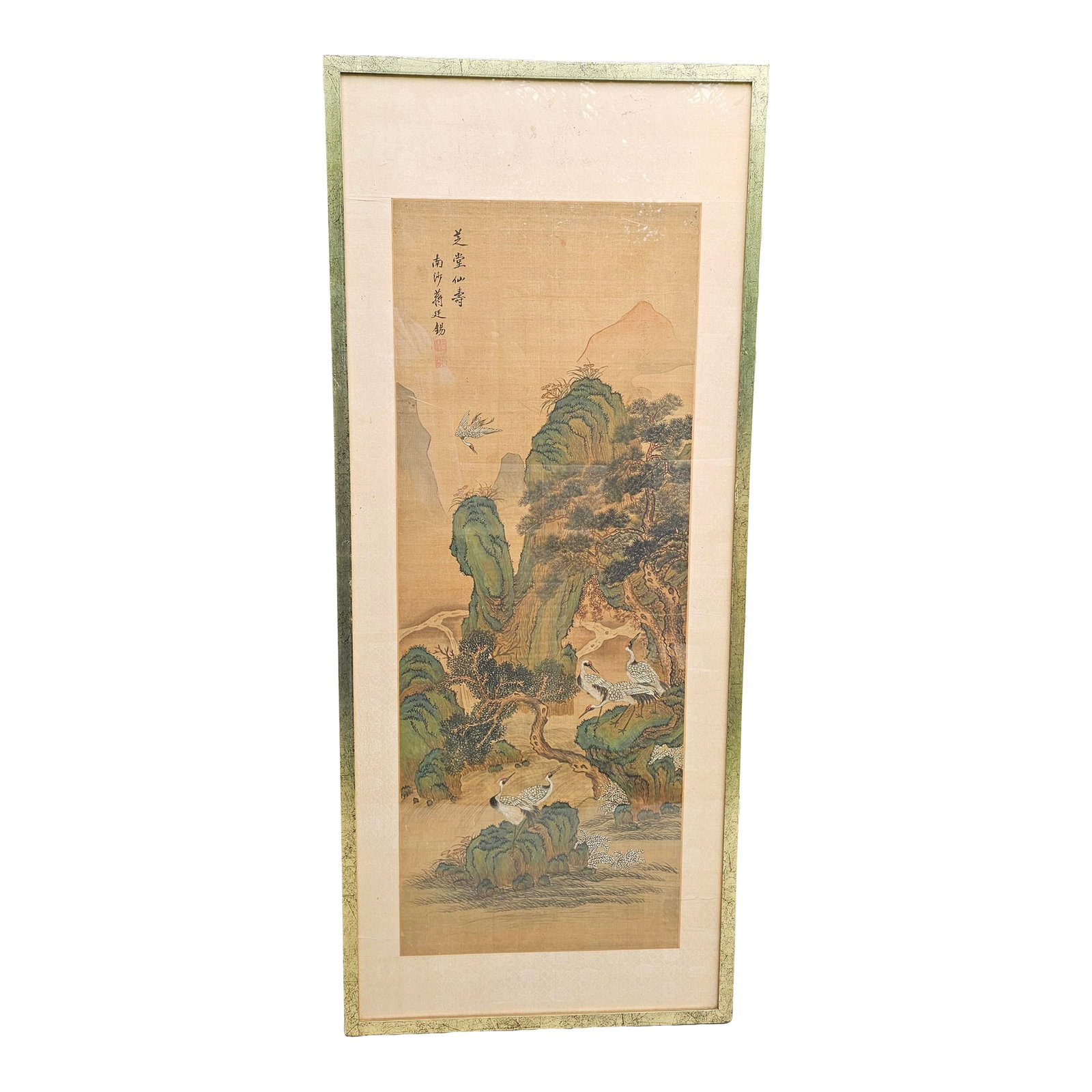 Qing Dynasty Artist Signed Hanging Scroll Attributed to Jiang Tingxi (1669-1732): Qing Dynasty Artist Signed Hanging Scroll Attributed to Jiang Tingxi (1669-1732) "Immortal Longevity" - Rocky Landscape with Cranes A magnificent large-scale vertical landscape painting in the