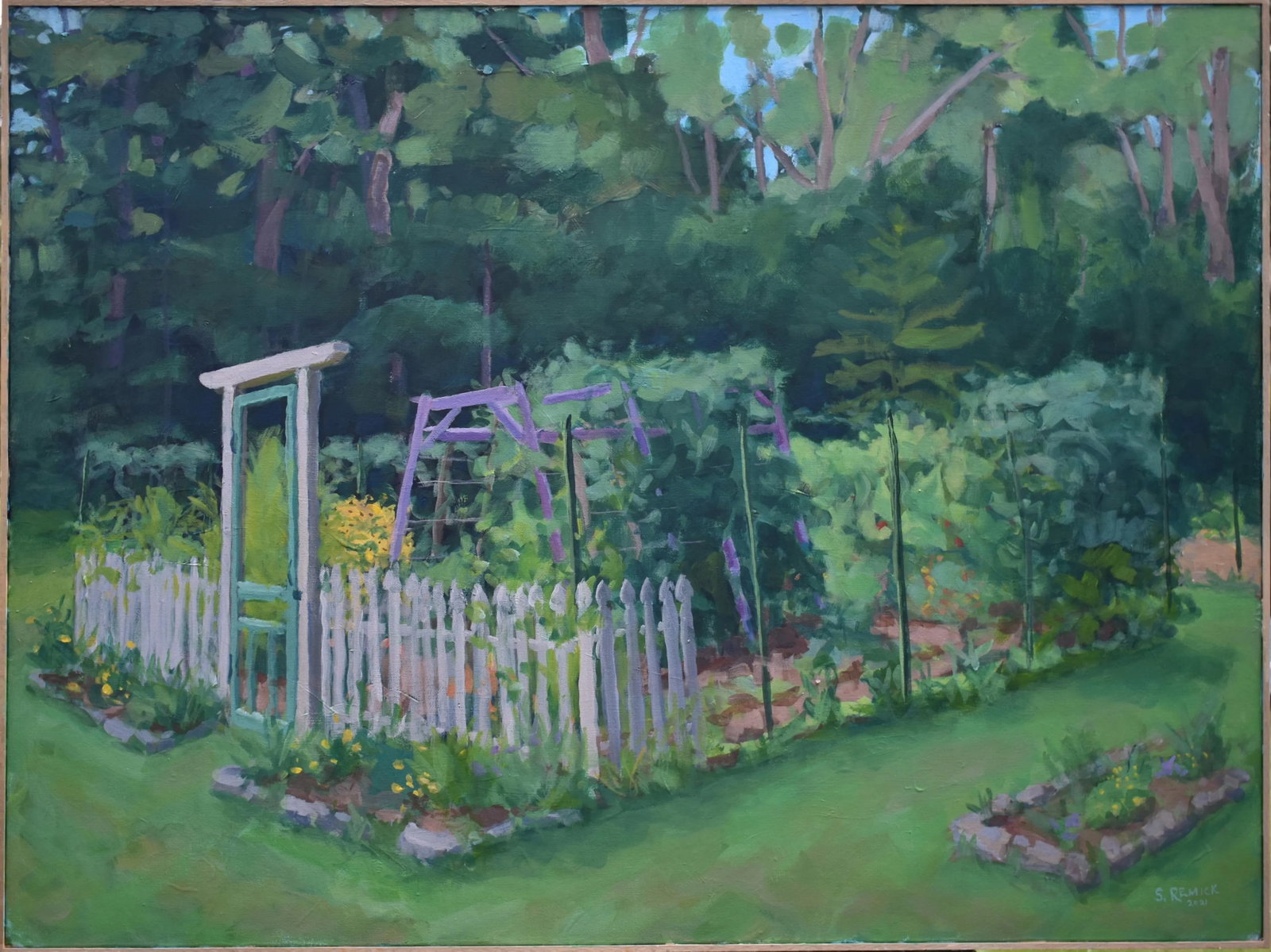 "The Garden, Late Summer" Contemporary Plein Air Painting by Stephen Remick, Framed: I started a vegetable garden early spring of 2020 when the pandemic hit hard. (I wasn't the only one to start a garden! Many were popping up just like the Victory Gardens of World War II.) I was