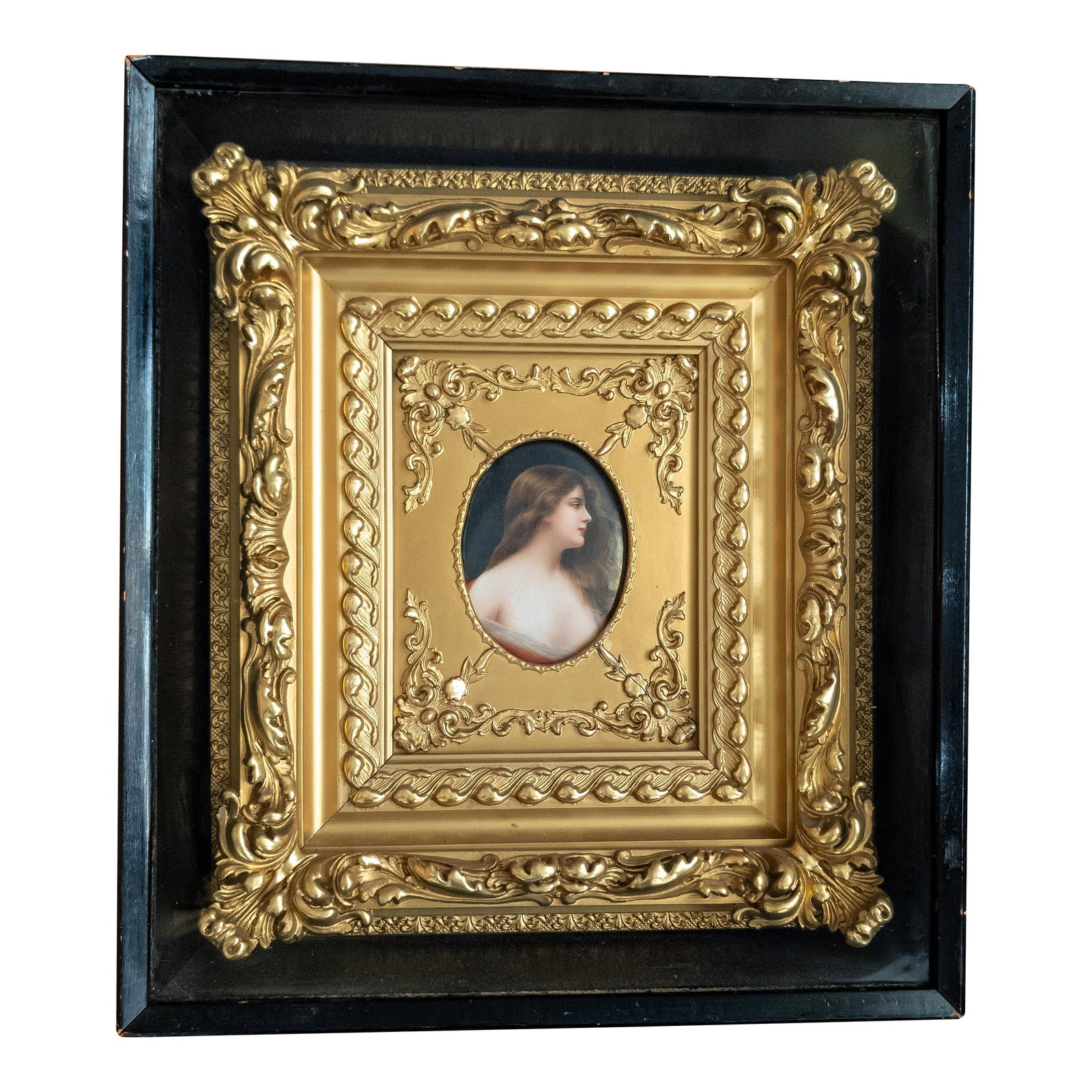 19th Century German KPM Style Miniature Portrait on Porcelain in Shadowbox Frame: We are selling this very well painted KPM style plaque. This plaque features a well painted lady which is mounted in a vibrant gilt frame which is further mounted inside a glass fronted shadowbox.