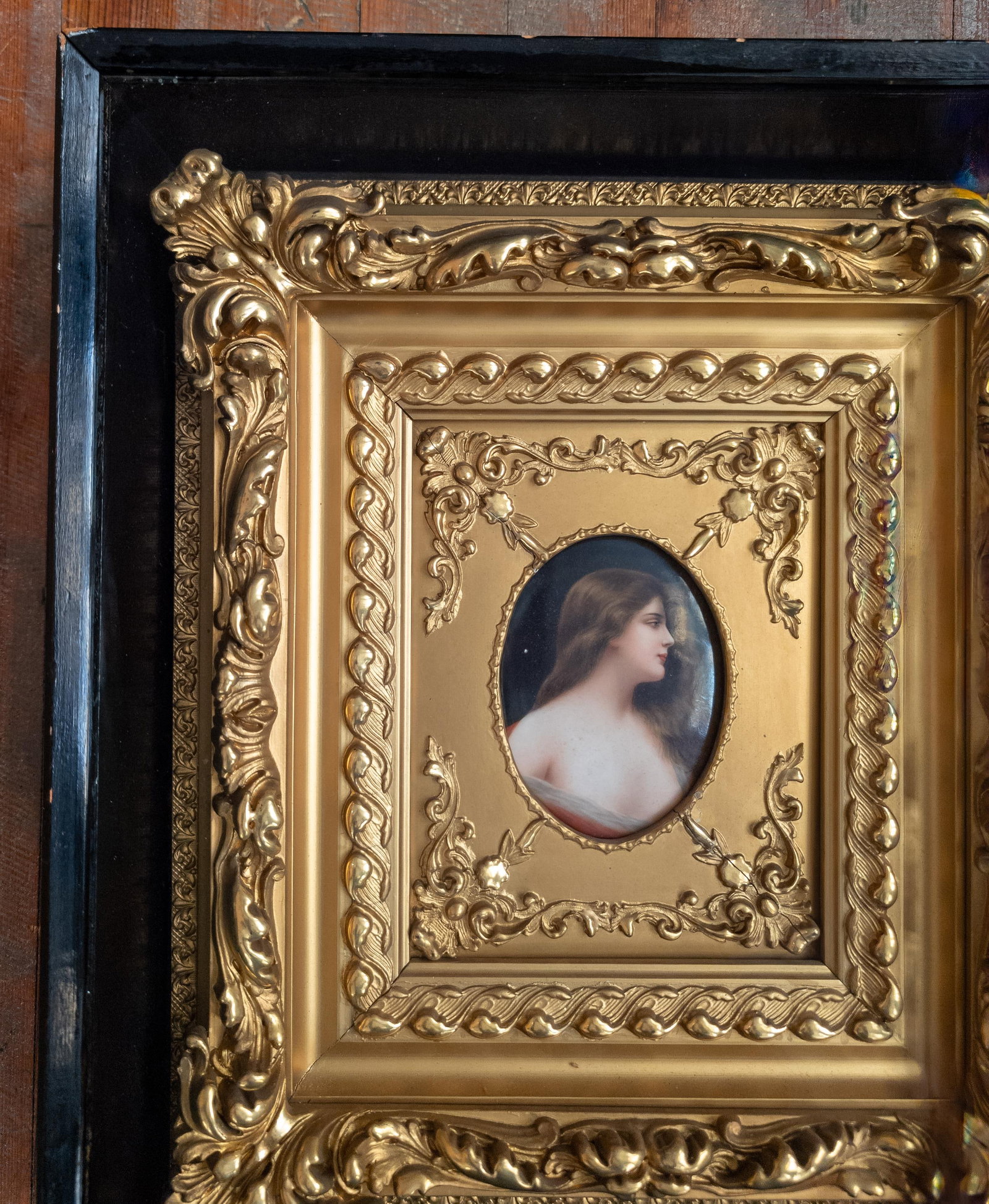 19th Century German KPM Style Miniature Portrait on Porcelain in Shadowbox Frame - 3