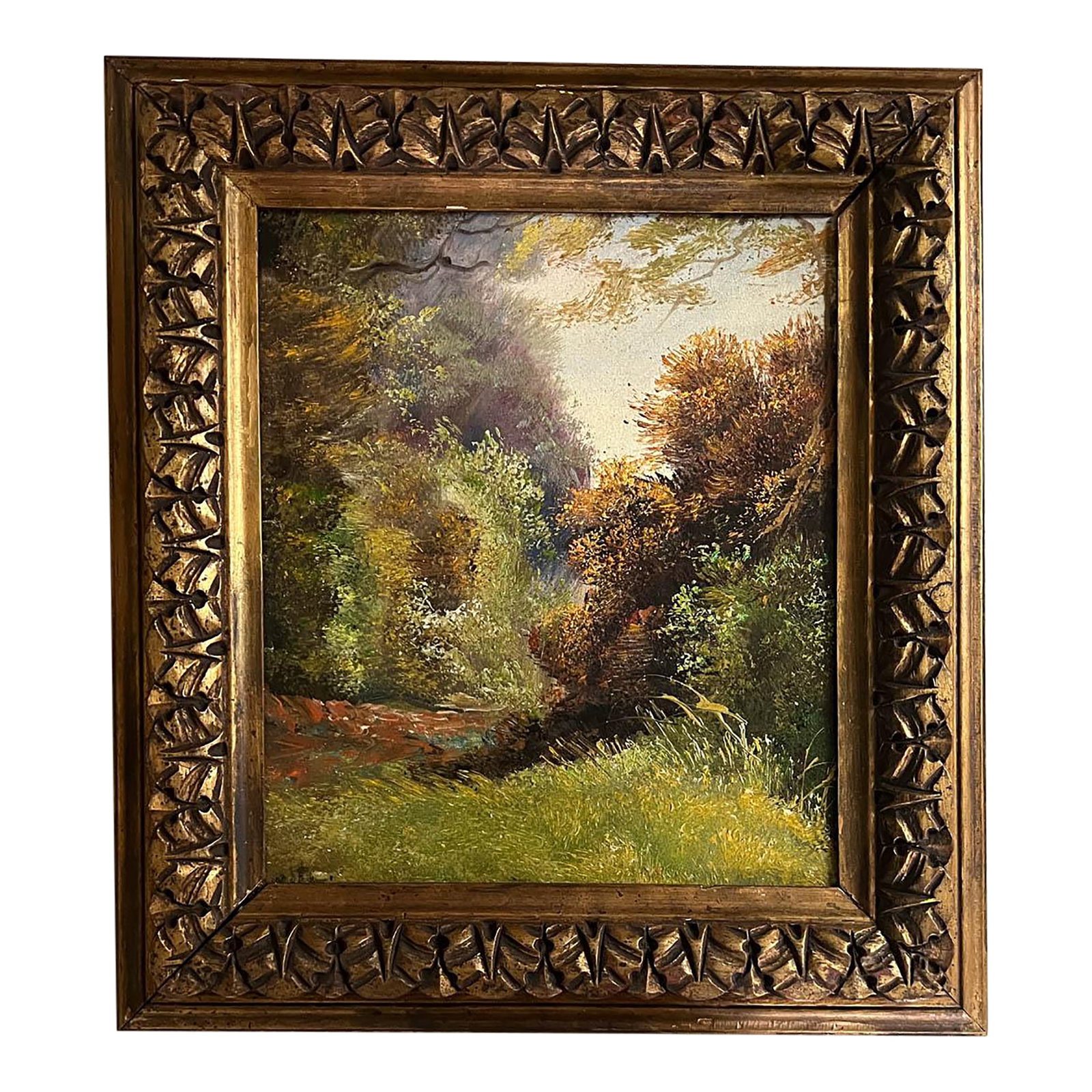 Antique French Landscape Oil Painting in Gesso Frame: Acquired in France, a gorgeous small landscape oil painting in a thick gesso frame. The painting has pleasing colors and is wonderfully detailed. The carved gilt gesso frame measures 17-1/2" by