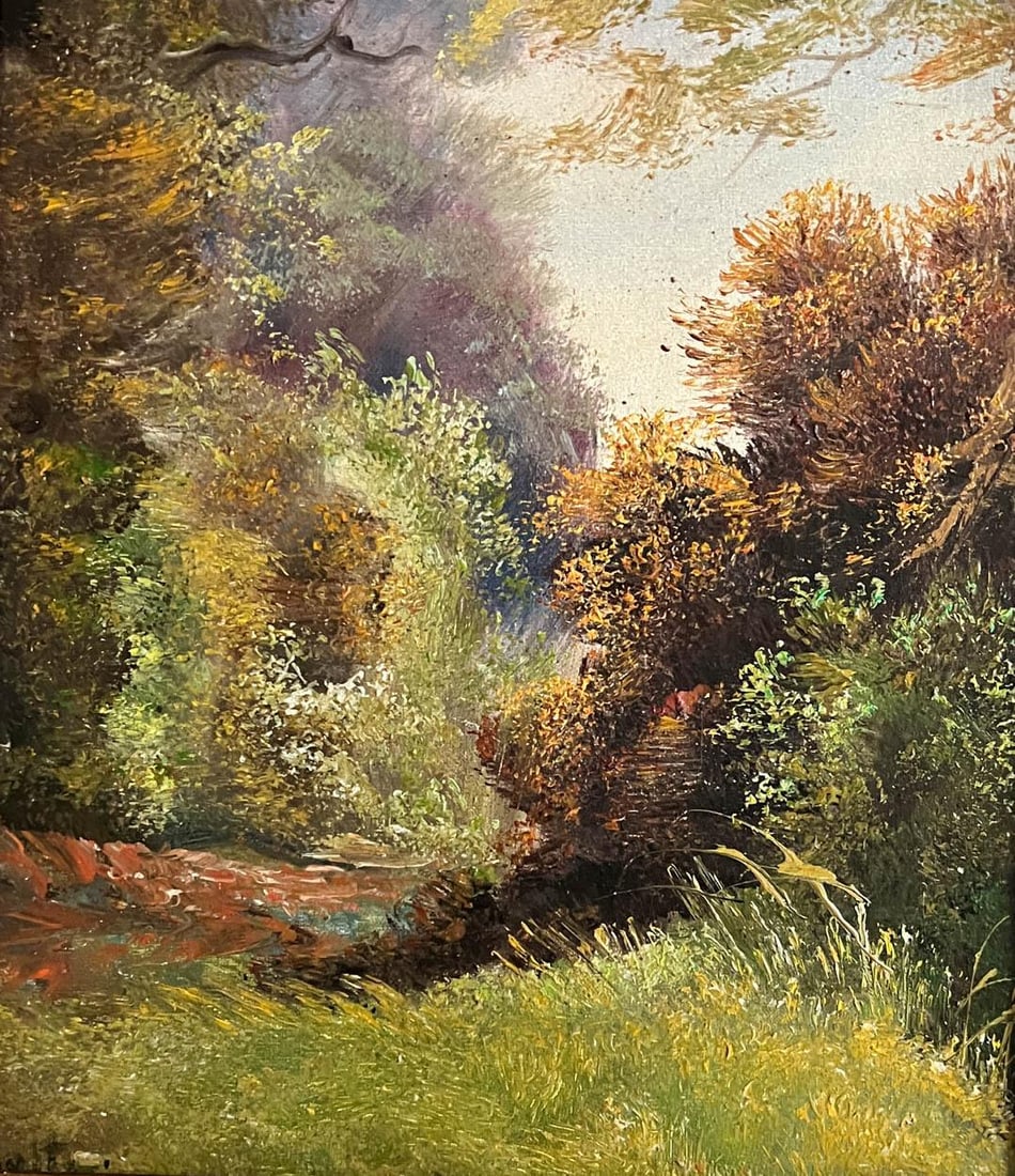 Antique French Landscape Oil Painting in Gesso Frame - 2