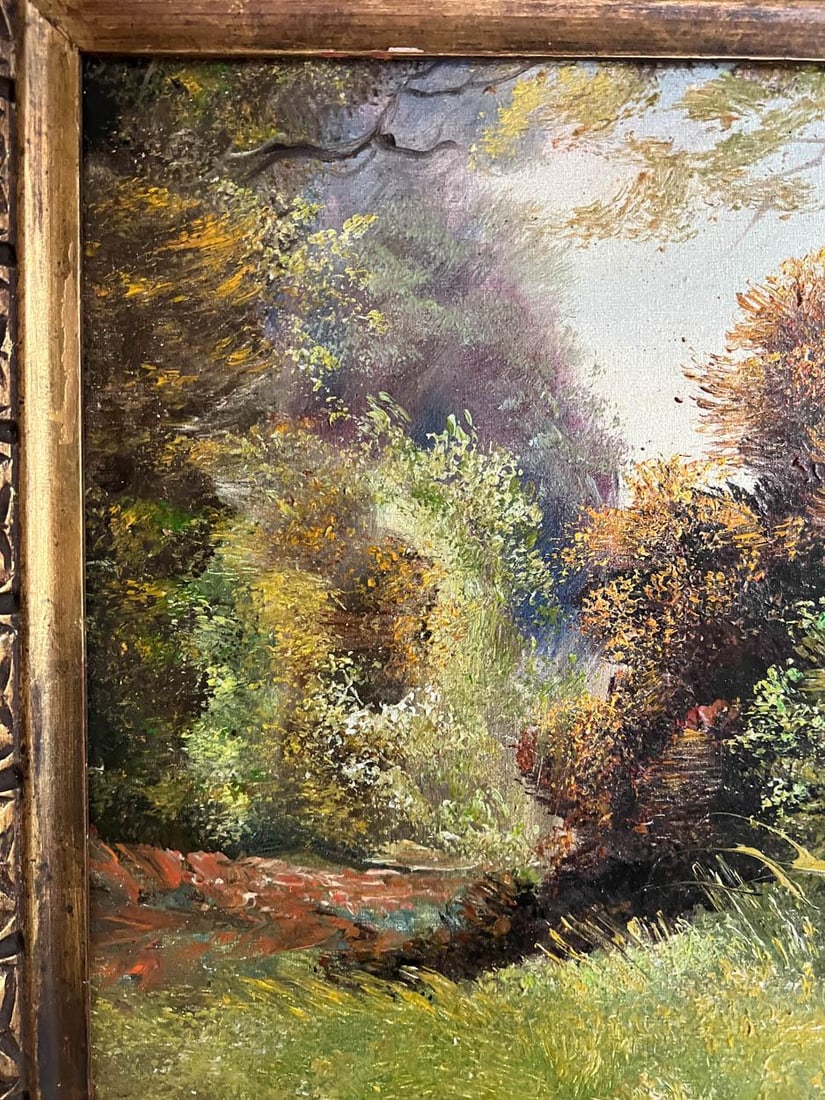 Antique French Landscape Oil Painting in Gesso Frame - 3