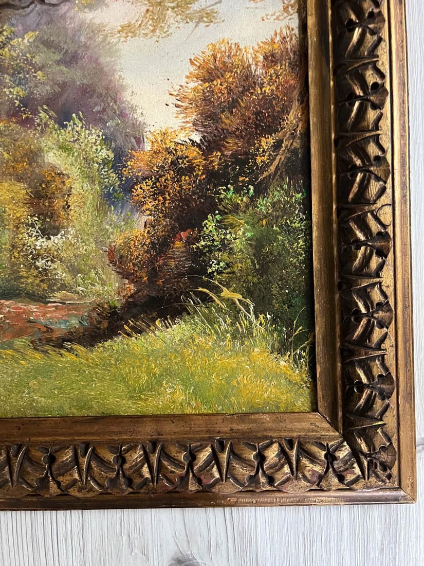 Antique French Landscape Oil Painting in Gesso Frame - 5