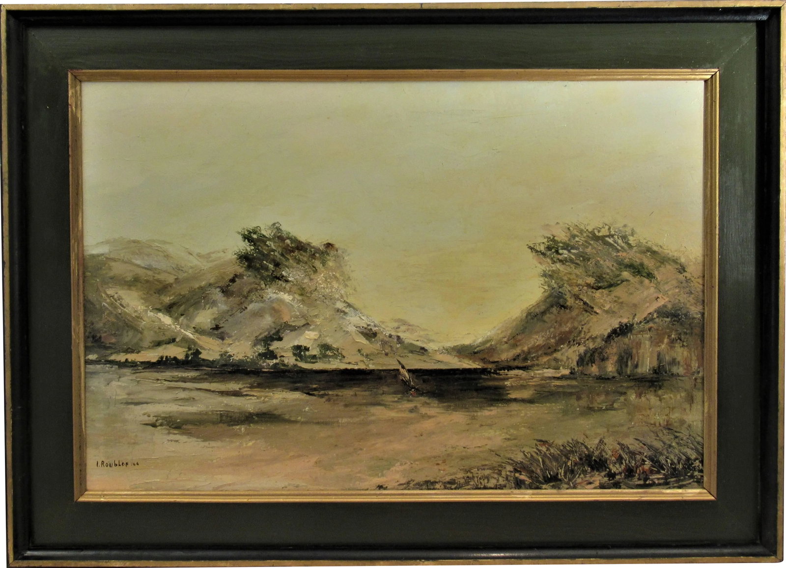 Irina Belotelkin Roublon, Landscape with sailing boats, 1966: This artwork " Landscape with Sailing Boats" 1966 is a oil painting on canvas by Russian artist Irina Belotelkin Roublon 1913-2009. It is signed and dated lower left by the artist. The canvas size is
