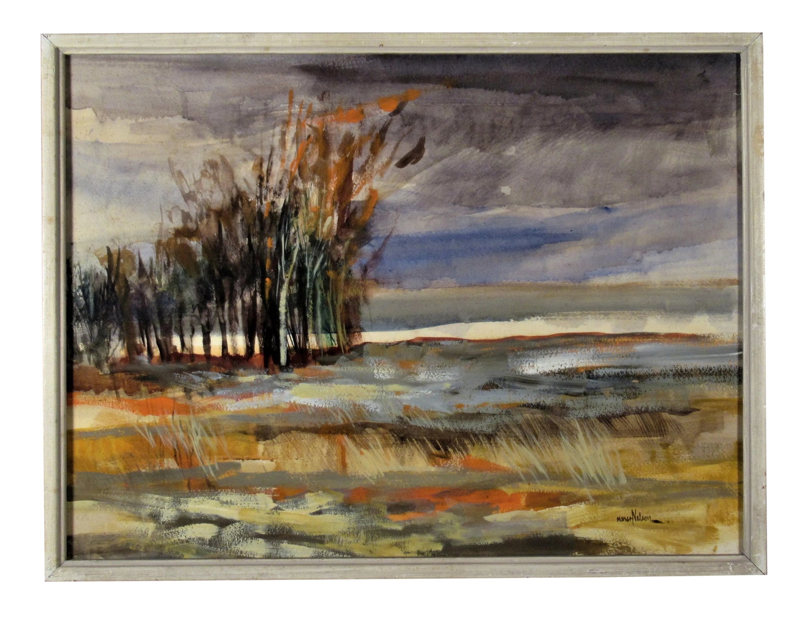 Marsh Nelson, November Landscape: This artwork titled "November Landscape" c.1960 is an acrylic polymer painting on hardboard by Vallejo artist Marsh Nelson, 20th Century. It is hand signed at the lower right corner by the artist.