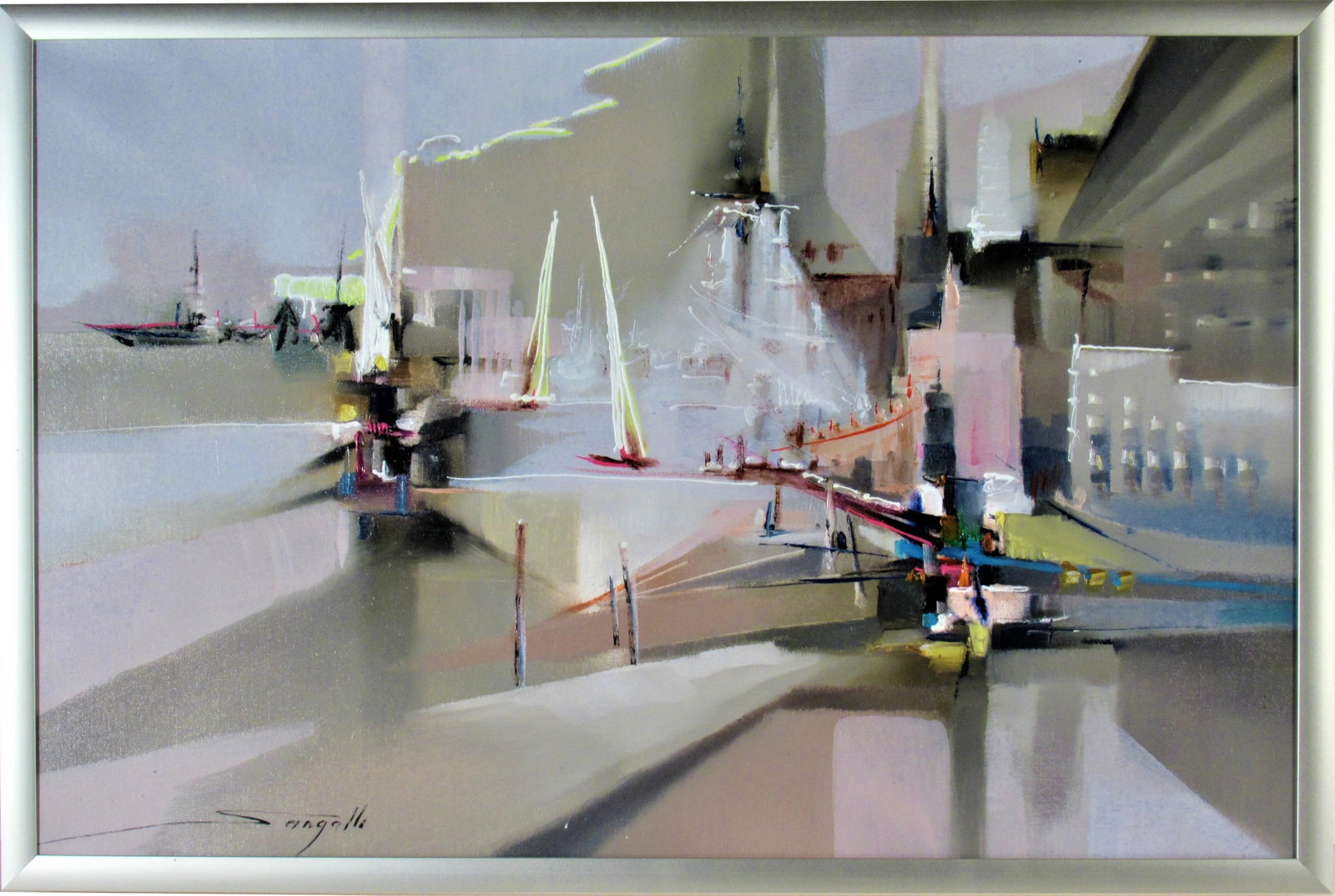 Giovanni Sangalli, Cityscape, Circa 1990: This artwork "Cityscape" c.1990 is an oil painting on canvas by Italian artist Giovanni Sangalli, b.1930. It is signed at the lower left corner by the artist. The canvas size is 15.5 x 23.5 inches,