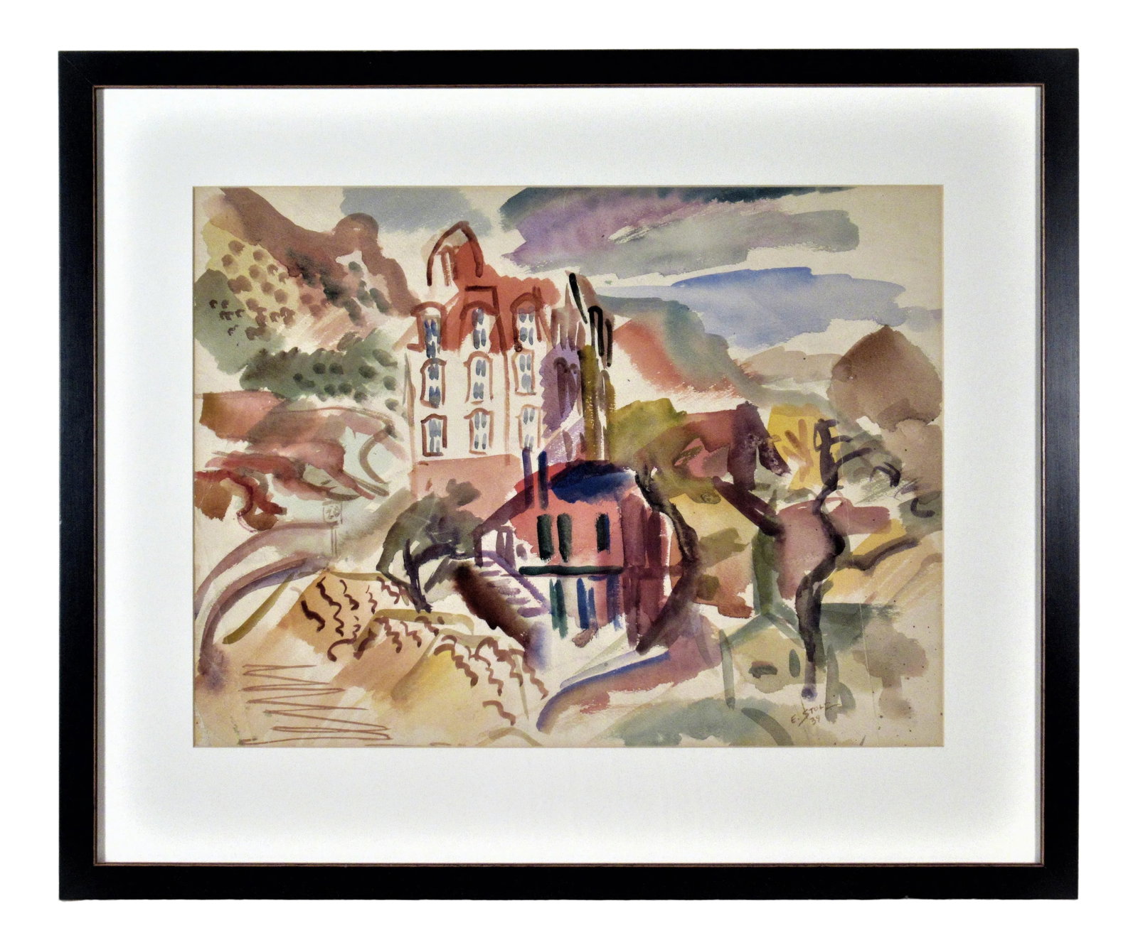 Hernst Stolz, Landscape: This artwork " Landscape " 1939 is a watercolor on paper by noted California (German/American) artist Ernst Stolz, 1901-1989. It is signed and dated at the lower right corner by the artist. The artwor