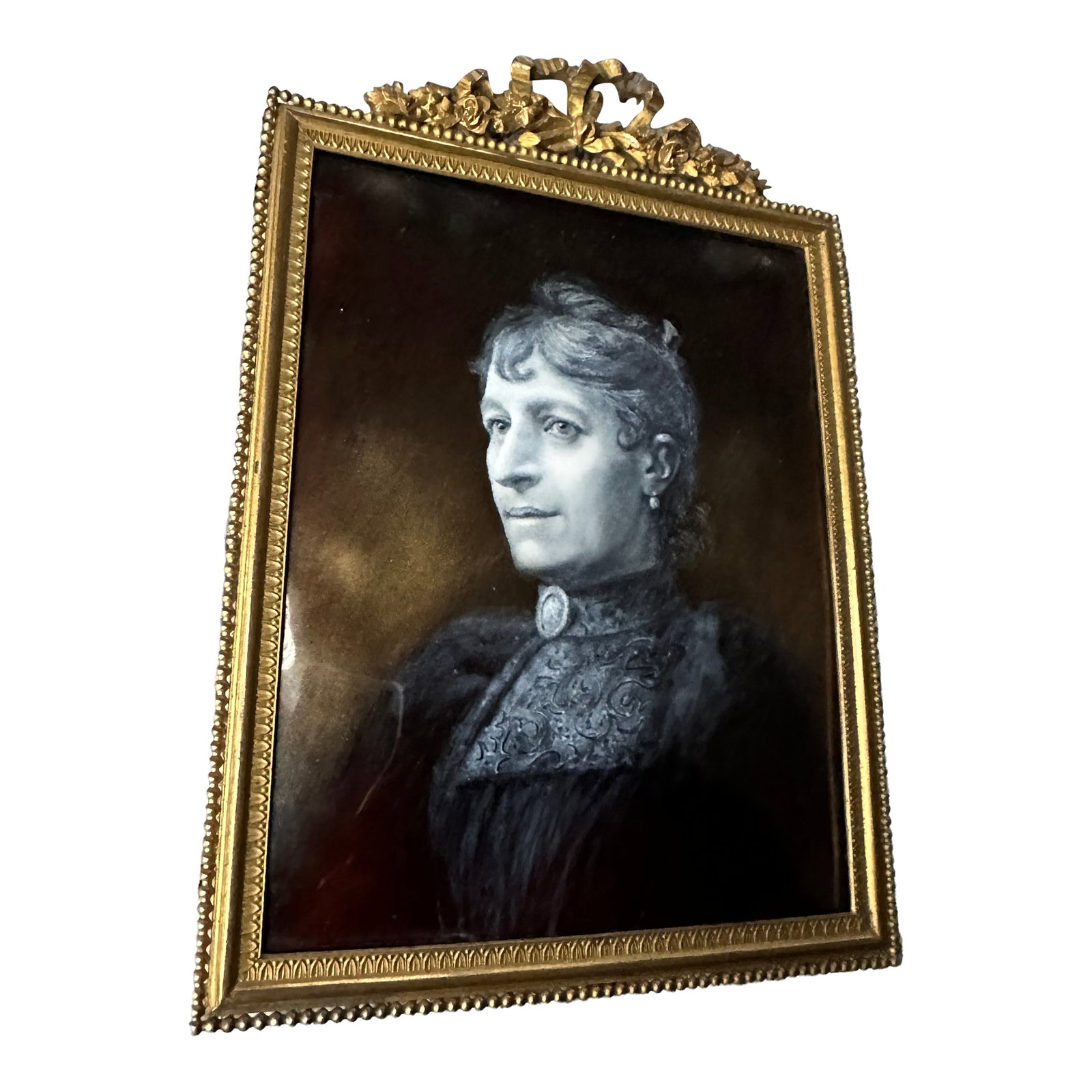Antique Enamel on Copper Portrait, France, 19th C.: Portrait of a woman on an enameled copper plate framed in a metal frame. Signed E. Ribelola ? If anyone recognizes the signature please let me know. Overall measurements are 5.75" x 8.75. Without the 