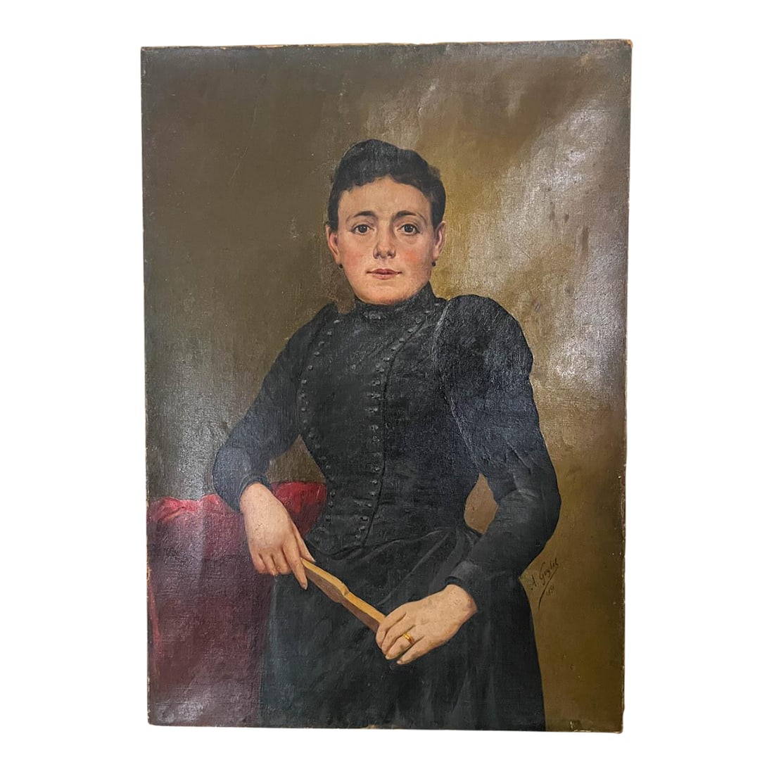 1890s Antique French Woman Portrait Oil Painting on Canvas: Acquired in France, a stunning 19th century woman portrait oil on canvas. The woman dressed in black has expressive features. I like her holding the fan and her period clothing. The painting measures 