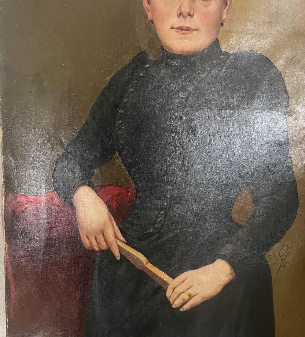 1890s Antique French Woman Portrait Oil Painting on Canvas - 3