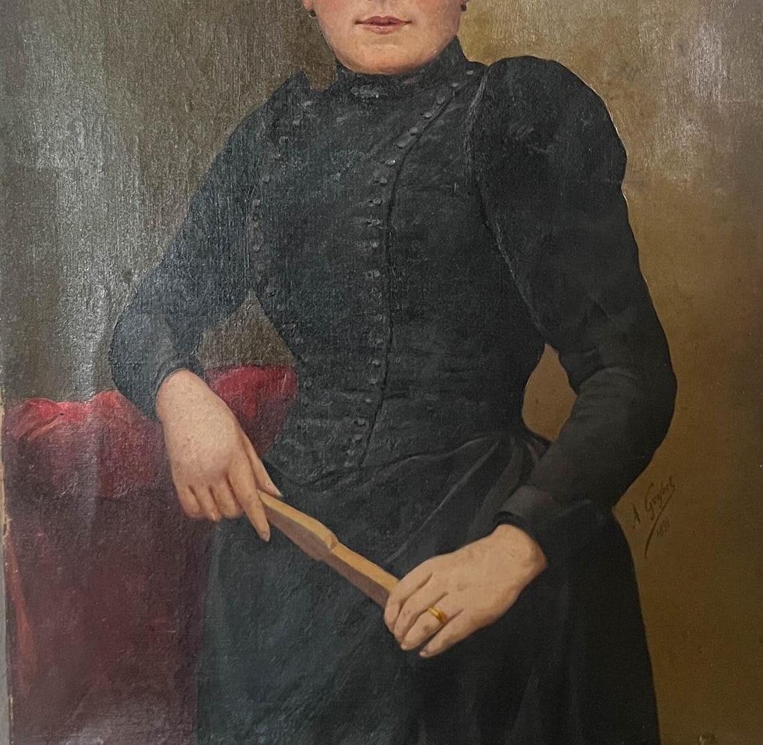 1890s Antique French Woman Portrait Oil Painting on Canvas - 5