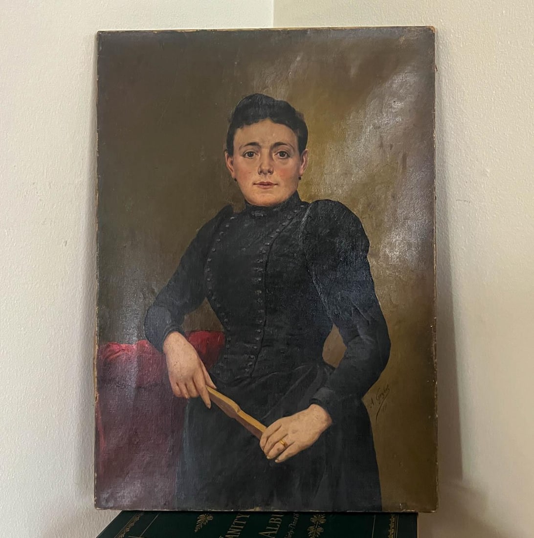1890s Antique French Woman Portrait Oil Painting on Canvas - 8