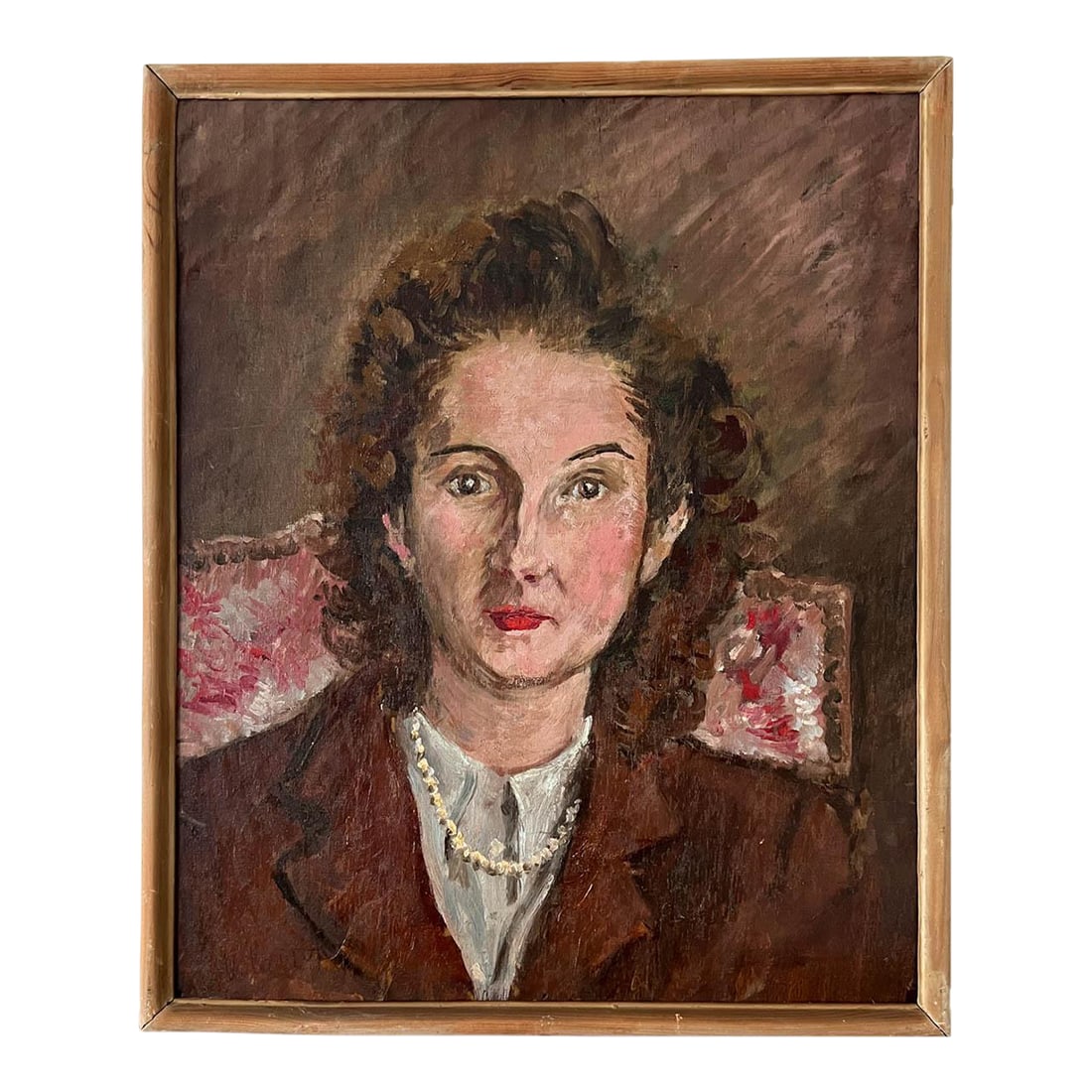 Vintage French Expressionist Woman Portrait Oil Painting: Acquired in France, a lovely expressionist portrait oil painting of a woman. The woman is wearing a suit and pearls and is nicely executed. Painting is on panel. The wooden frame measures 19-1/2" by