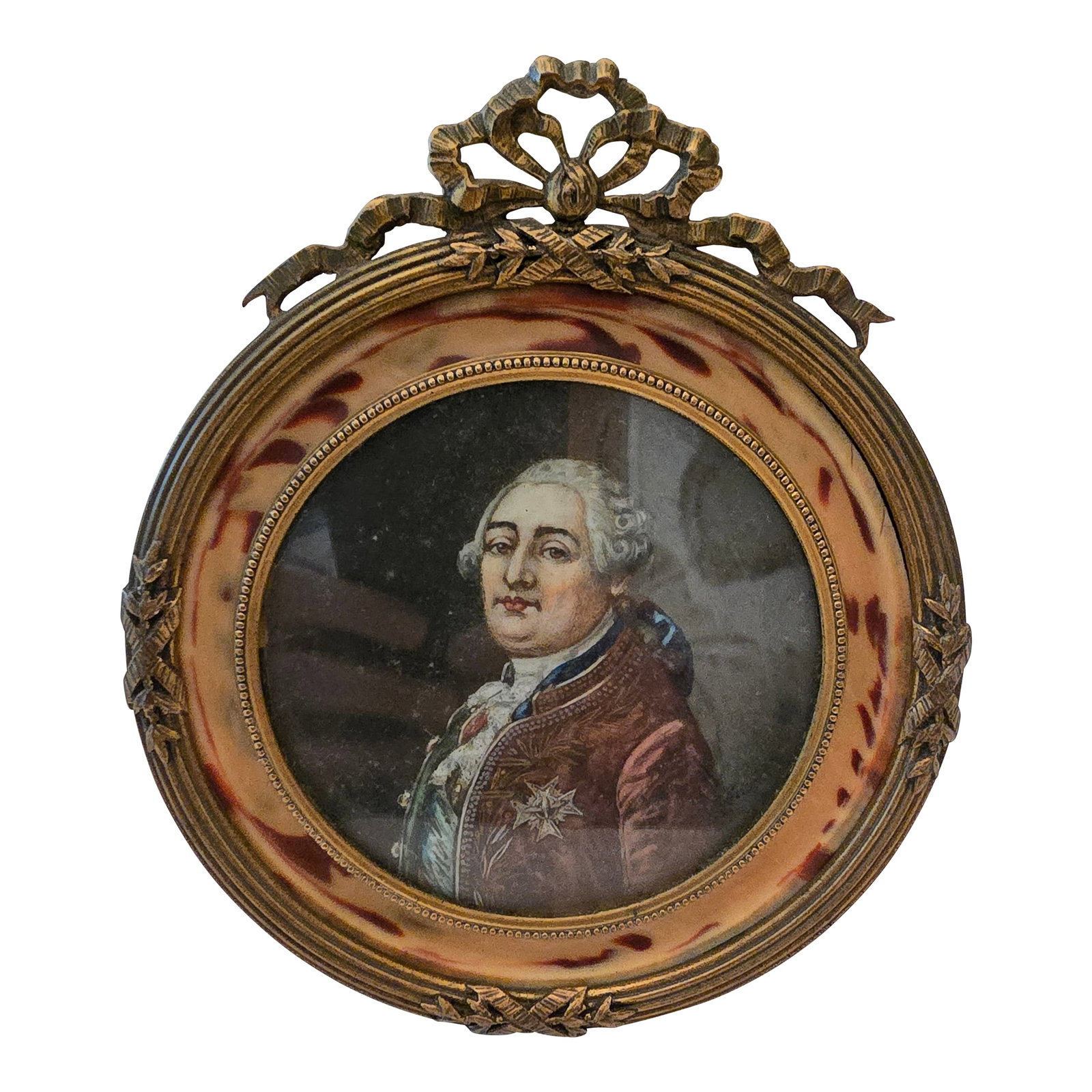 Antique French Empire Miniature Signed Painting: A very fine antique original ( over 150 years old all hand painted with artists signature lower right of portrait guaranteed ) miniature painting of a royal kingly gentleman. Having an exquisite gilde