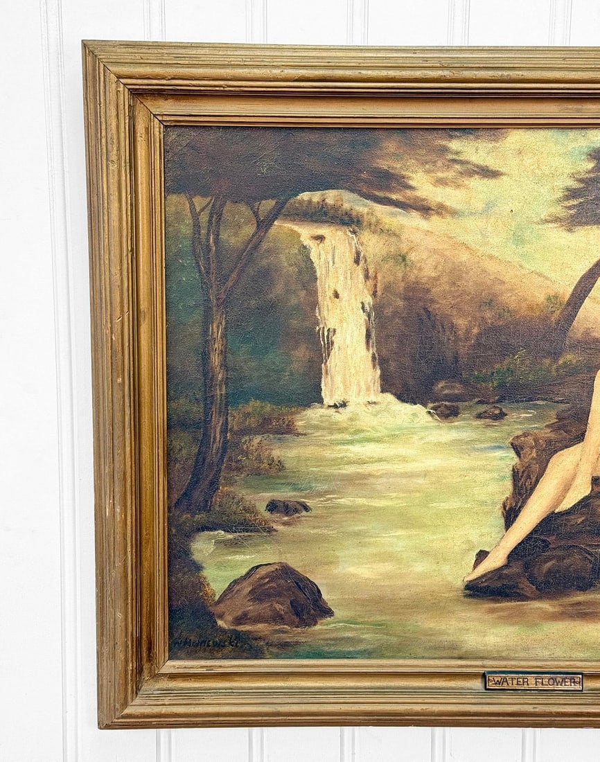 Antique Art Nouveau Nude Women "Water Flower" Signed Oil on Canvas Painting - 10