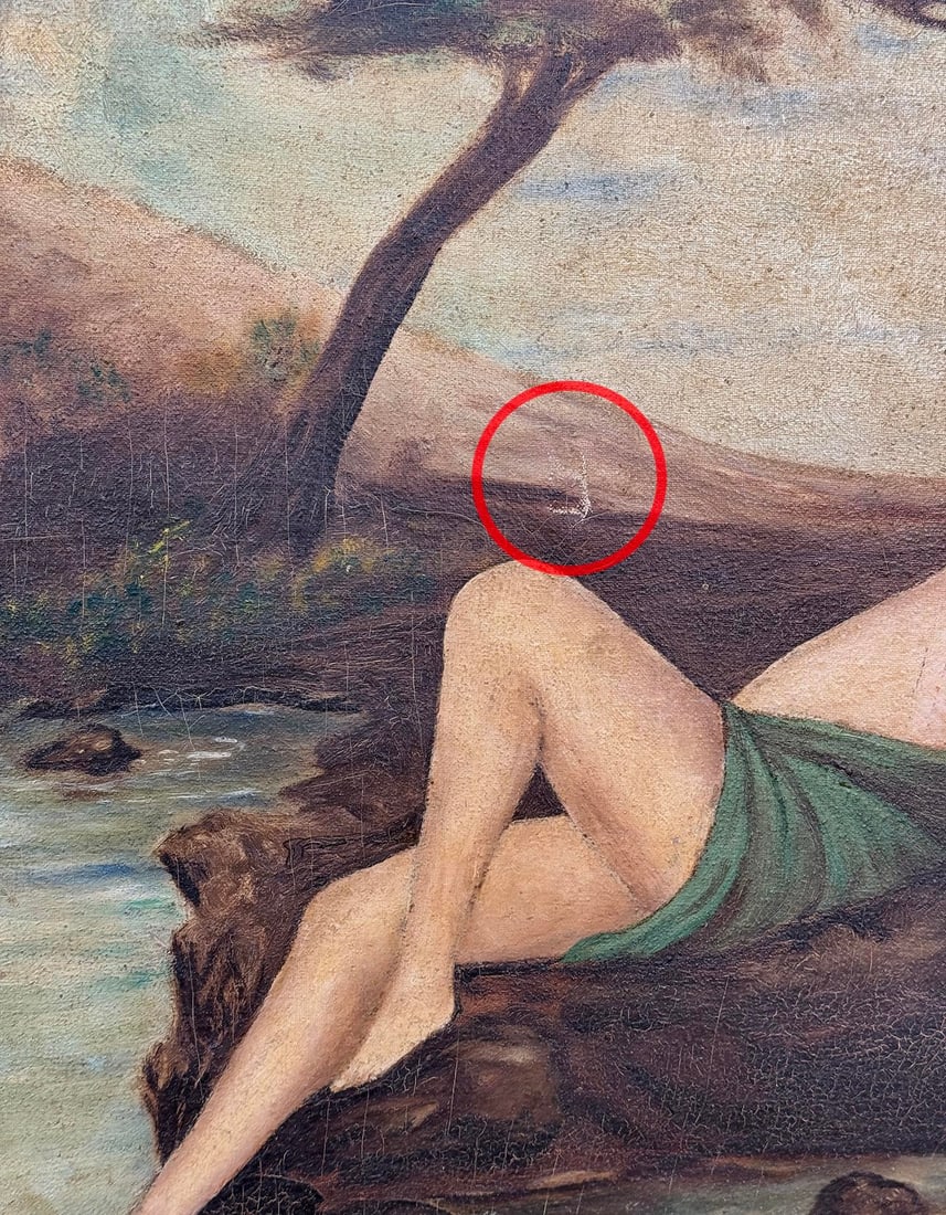 Antique Art Nouveau Nude Women "Water Flower" Signed Oil on Canvas Painting - 12