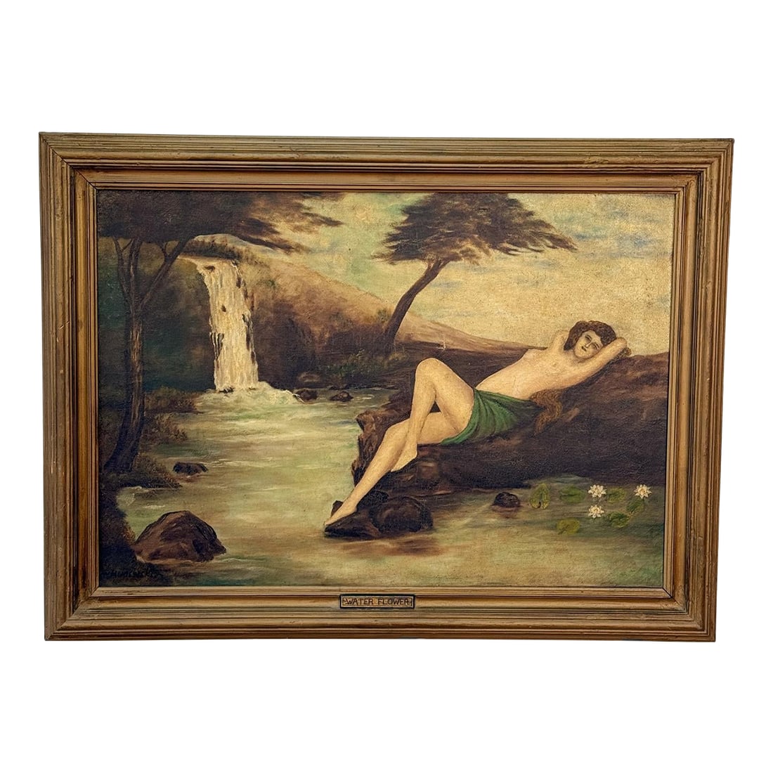 Antique Art Nouveau Nude Women "Water Flower" Signed Oil on Canvas Painting: An Art Nouveau Signed Nude Women Landscape "Water Flower" Oil Painting, c. Early 20th Century - Signed W. Moniewski - Displays a Reclining Female, Nude & Situated by a Stream Fed Waterfall - Housed in