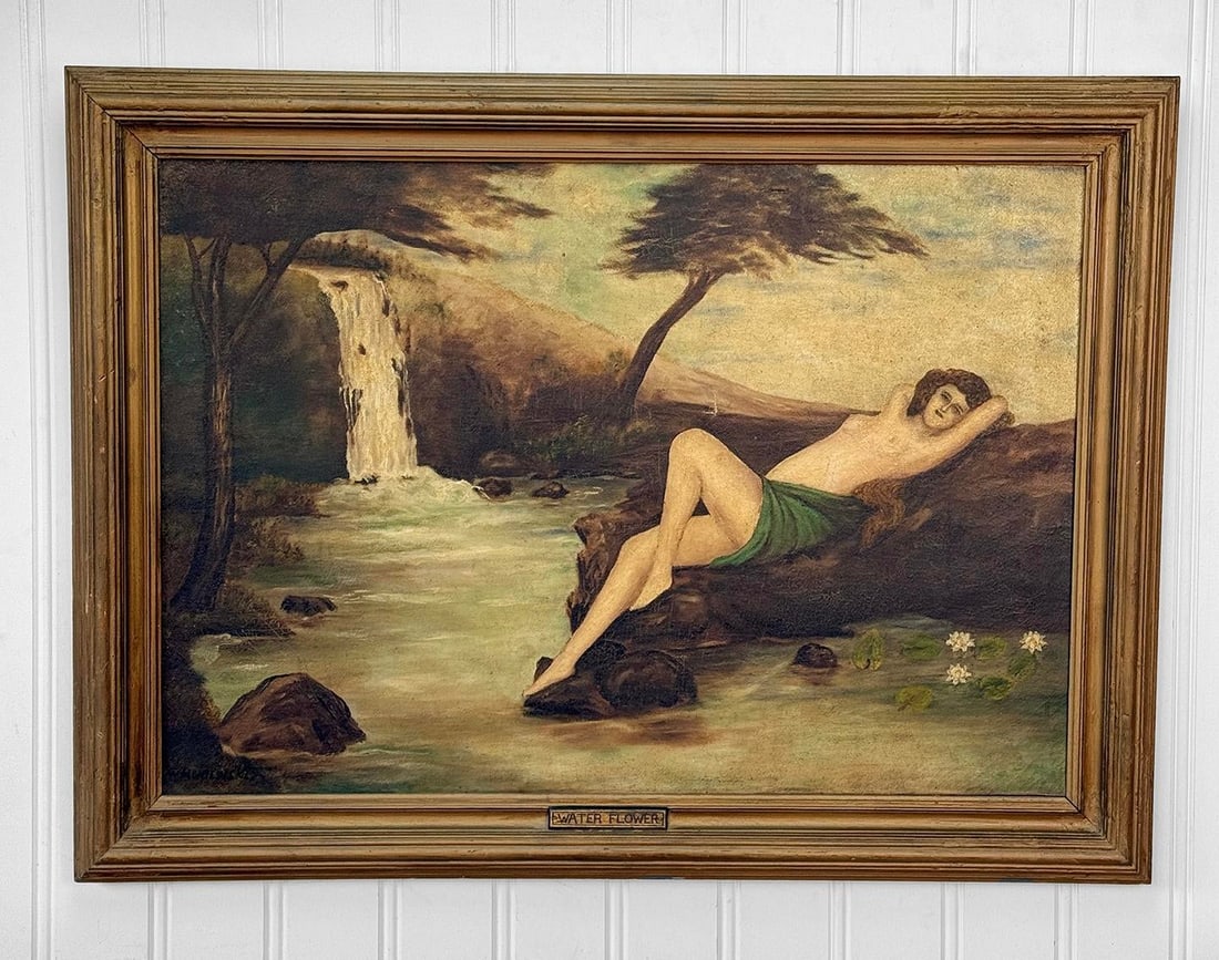 Antique Art Nouveau Nude Women "Water Flower" Signed Oil on Canvas Painting - 2