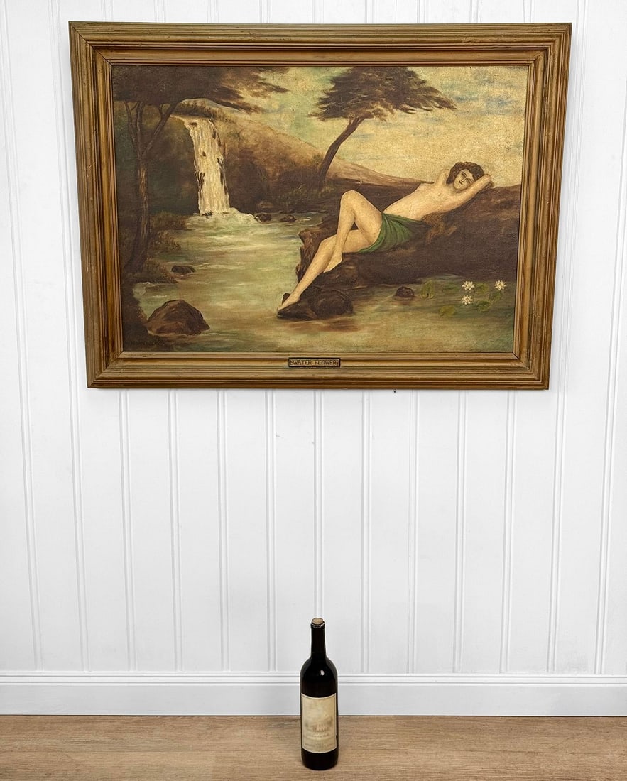 Antique Art Nouveau Nude Women "Water Flower" Signed Oil on Canvas Painting - 3
