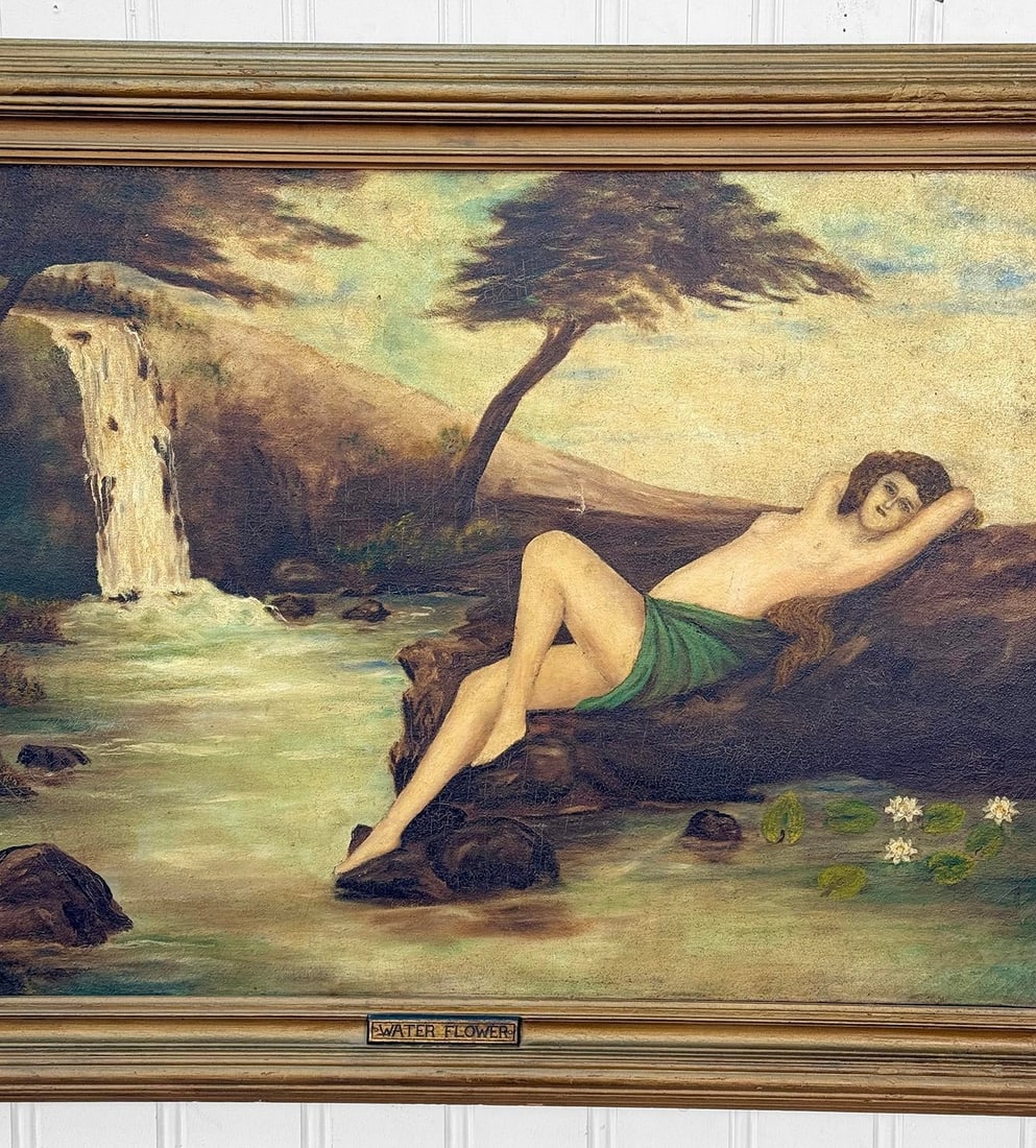 Antique Art Nouveau Nude Women "Water Flower" Signed Oil on Canvas Painting - 5