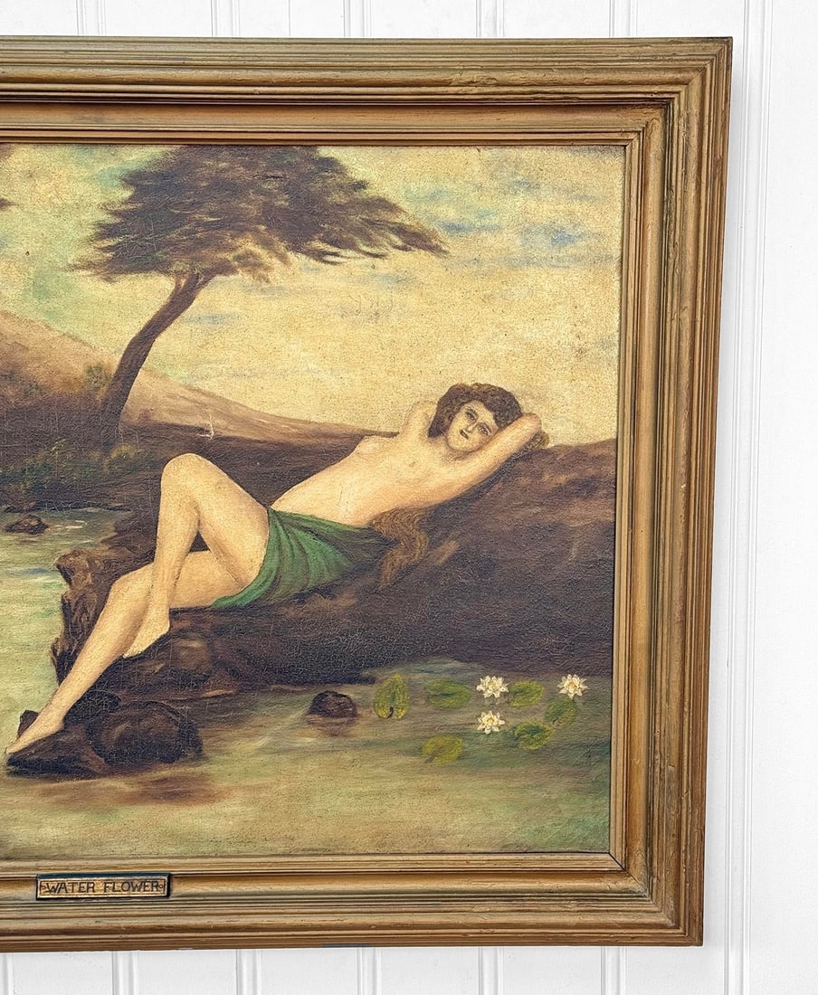 Antique Art Nouveau Nude Women "Water Flower" Signed Oil on Canvas Painting - 6